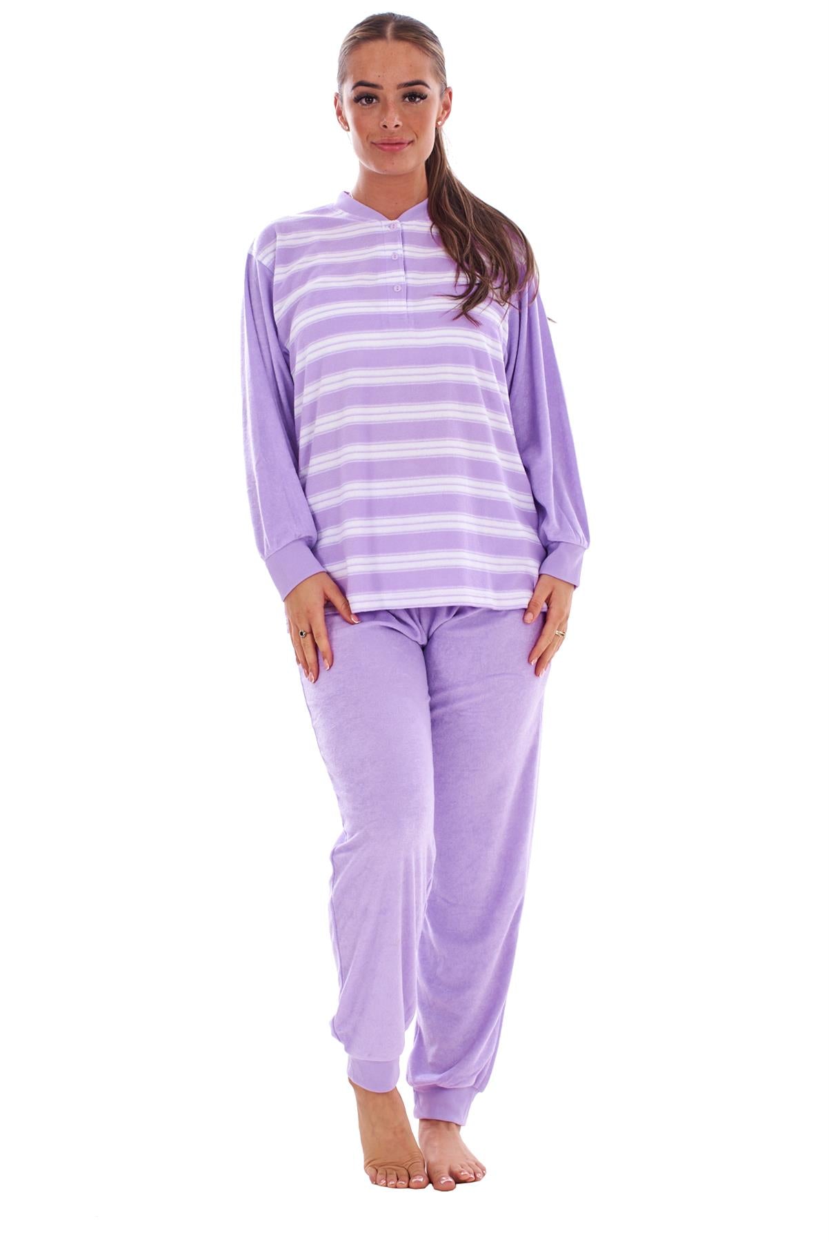 Warm Winter Pyjama Set Striped Long Sleeve Button Ribbed Cuff Soft Sleepwear