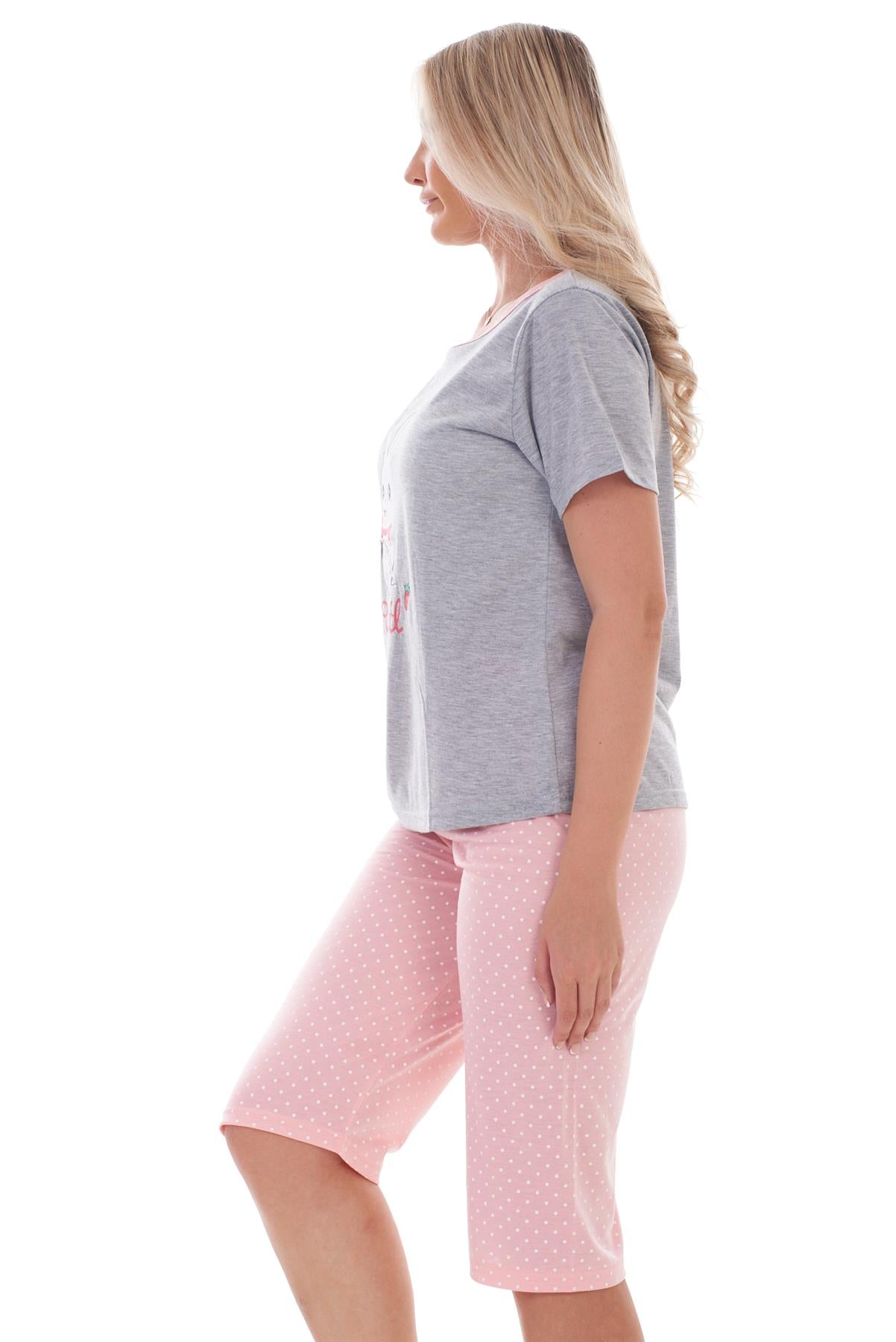 Ladies Cropped Pyjama Set Short Summer Polka Soft Motif Bunny PJs M to XXL