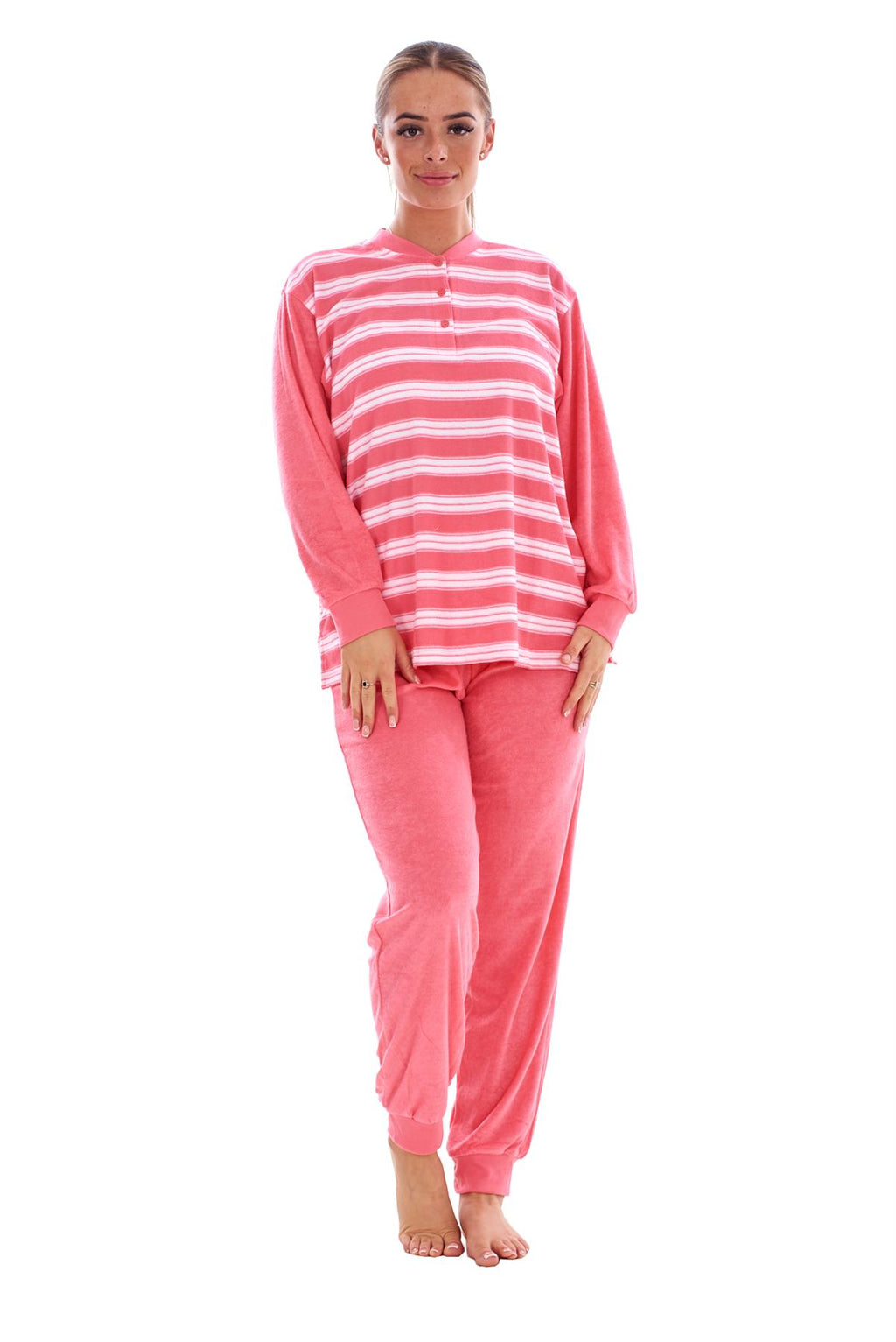 Warm Winter Pyjama Set Striped Long Sleeve Button Ribbed Cuff Soft Sleepwear