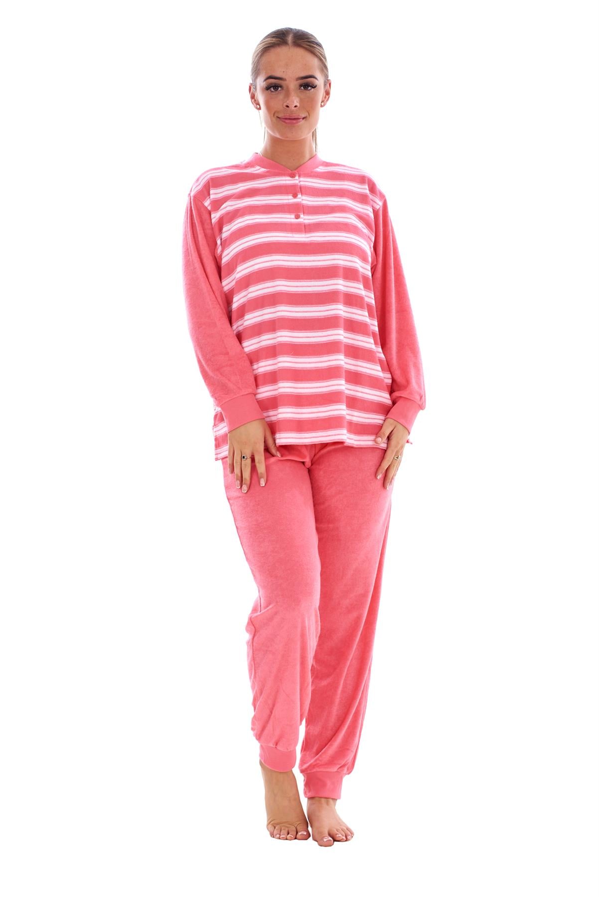 Warm Winter Pyjama Set Striped Long Sleeve Button Ribbed Cuff Soft Sleepwear