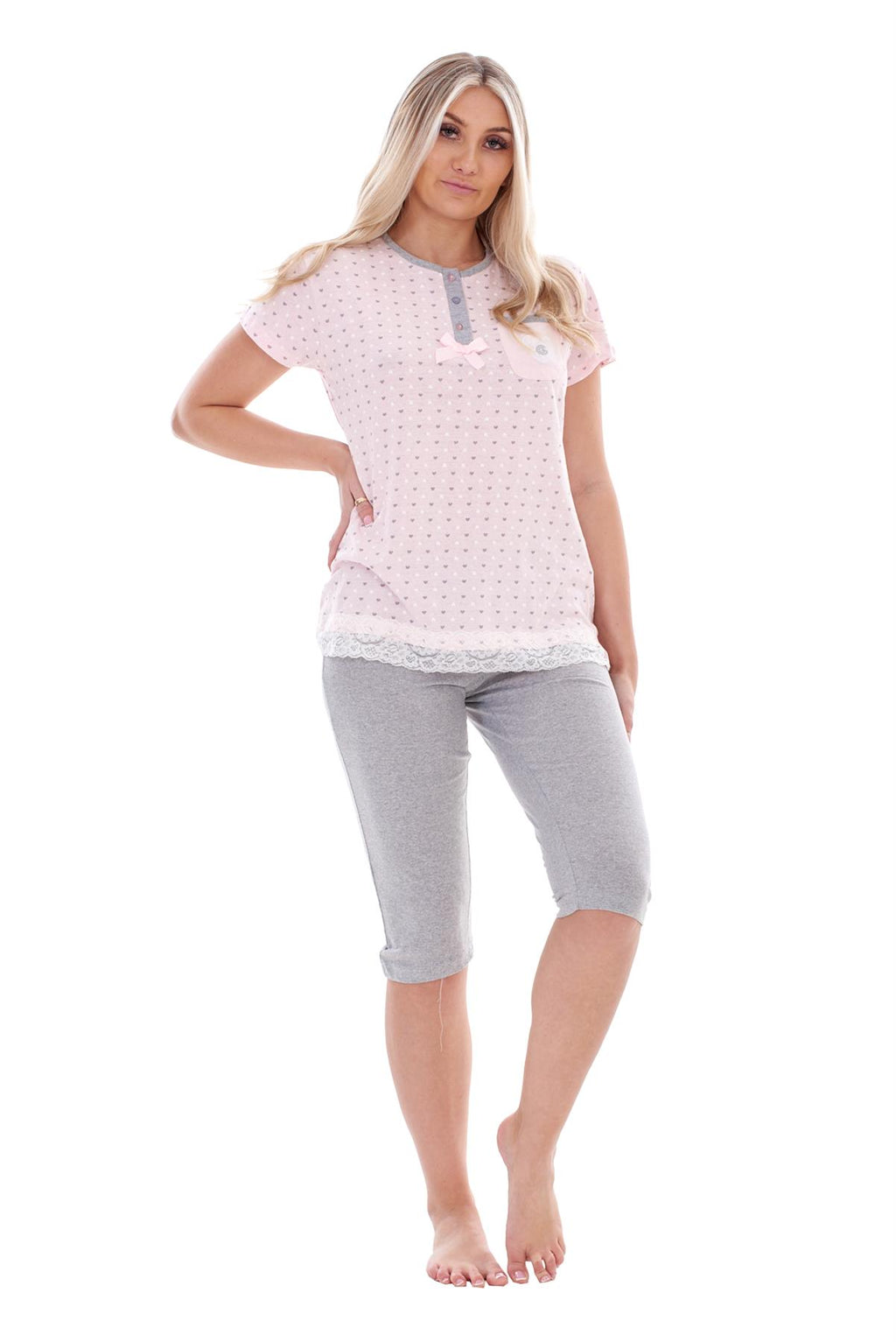 Ladies Capri Pyjama Set 2 Piece Heart Pocket Lace Buttons Bow Cropped Nightwear