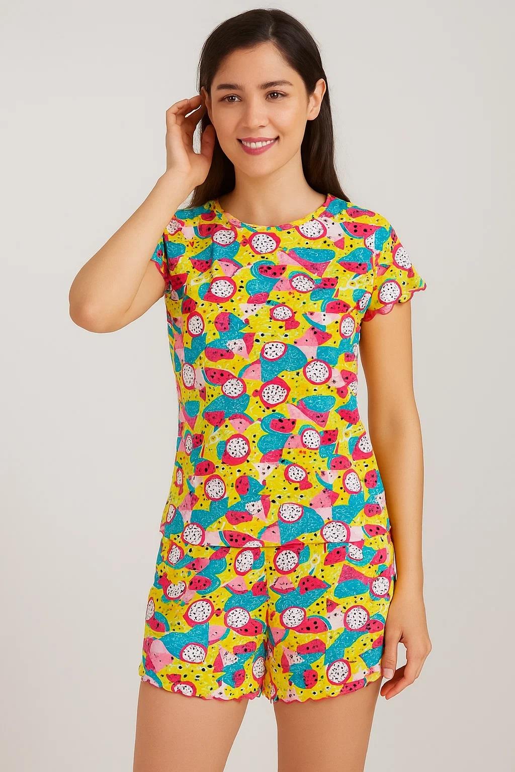 Ladies Pyjama Set PJS Short Sleeve Cotton Fruits Printed PJ Nightwear S to XL