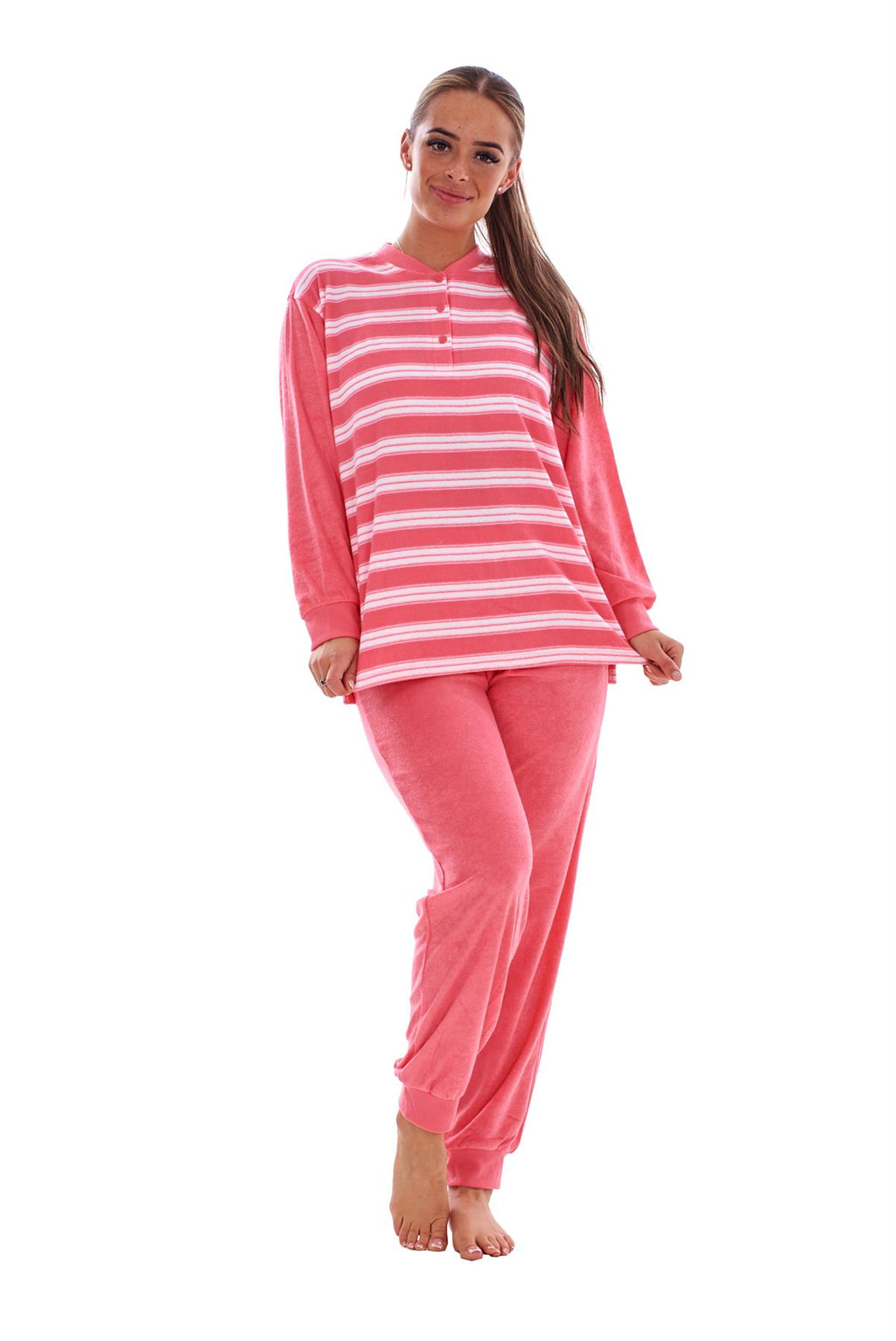 Warm Winter Pyjama Set Striped Long Sleeve Button Ribbed Cuff Soft Sleepwear