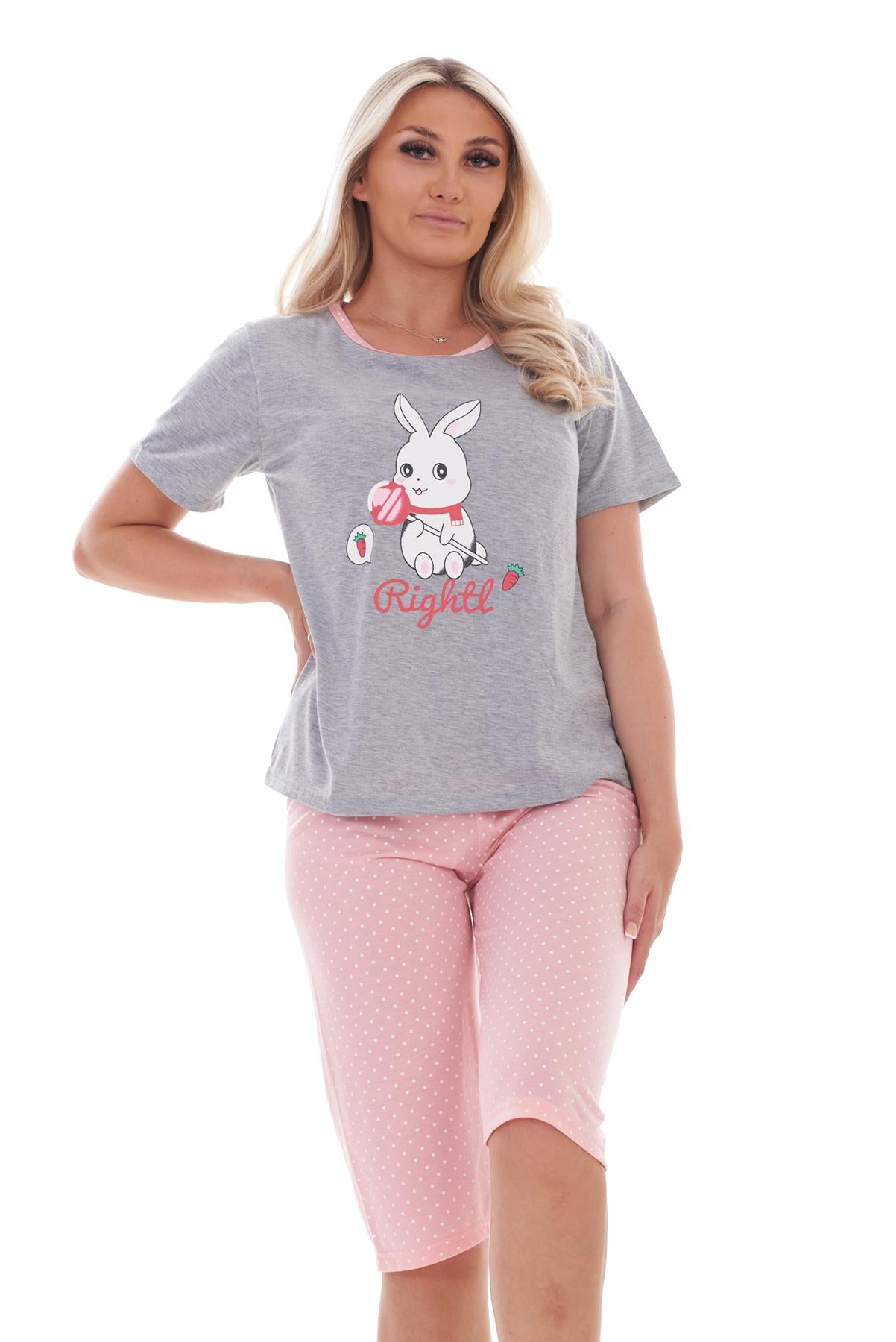 Ladies Cropped Pyjama Set Short Summer Polka Soft Motif Bunny PJs M to XXL