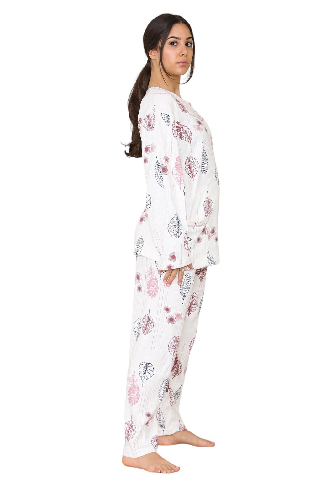 Womens Cotton Pyjamas Set Long Sleeve Leaf Print Thermal Loungewear Nightwear UK