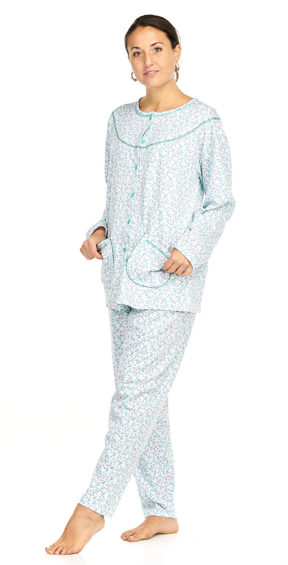 Ladies Pyjama Set Thermal Warm Floral Long Sleeve Buttons Pockets Loungewear