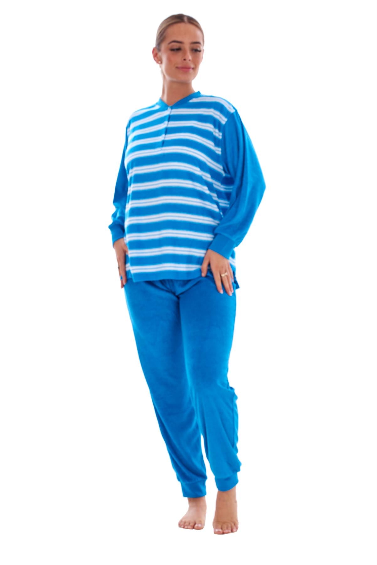 Warm Winter Pyjama Set Striped Long Sleeve Button Ribbed Cuff Soft Sleepwear