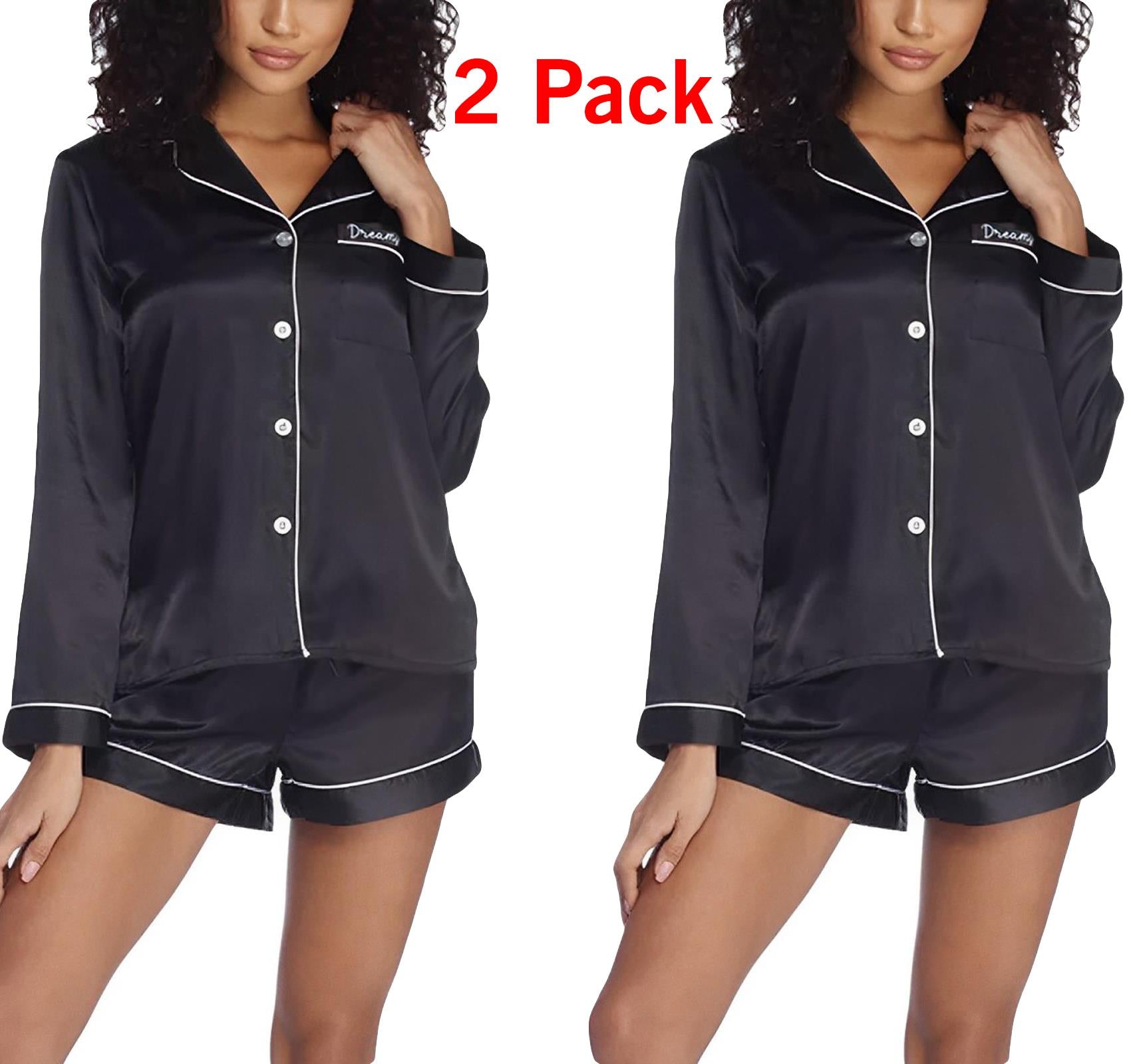 2 Pack Womens Satin Pyjamas Nightwear PJs Set Ladies Silk Long Sleeve Sleepwear