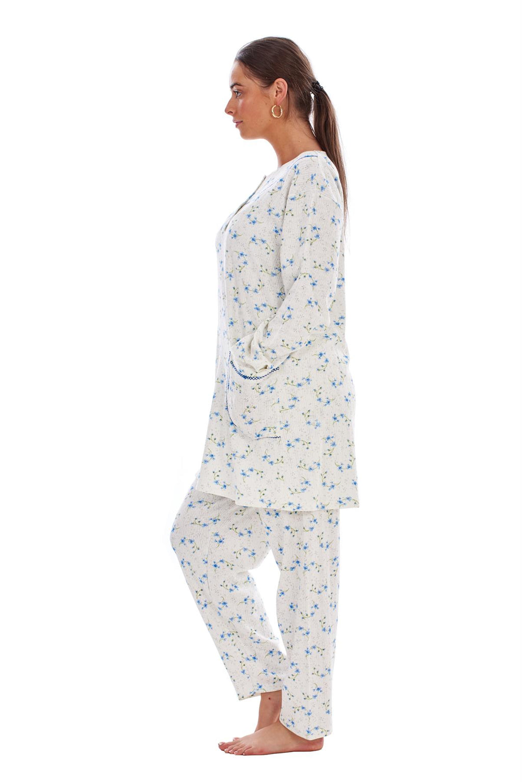 Ladies Winter Pyjama Set Floral Long Sleeve Button Thermal Warm Soft Loungewear