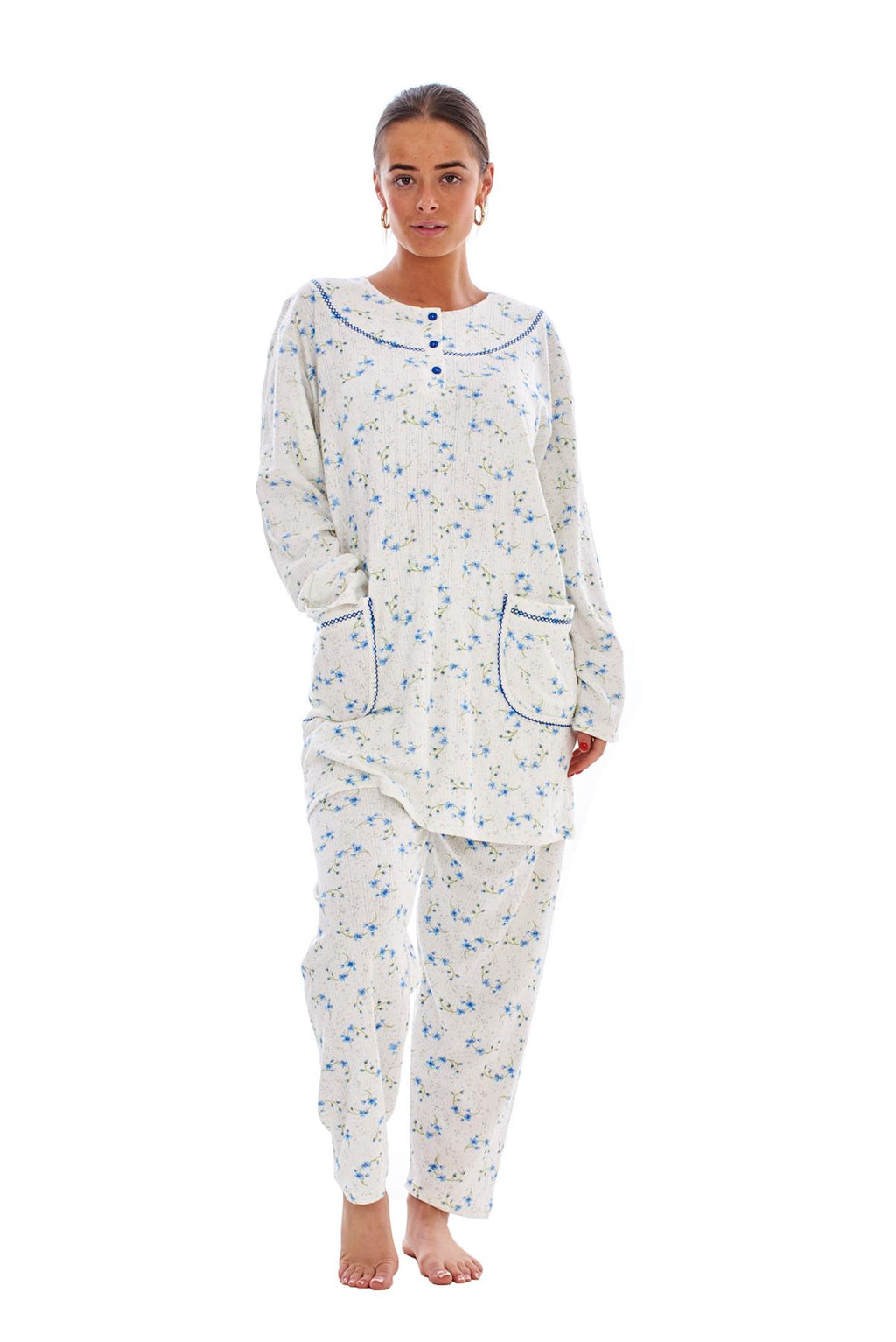 Ladies Winter Pyjama Set Floral Long Sleeve Button Thermal Warm Soft Loungewear