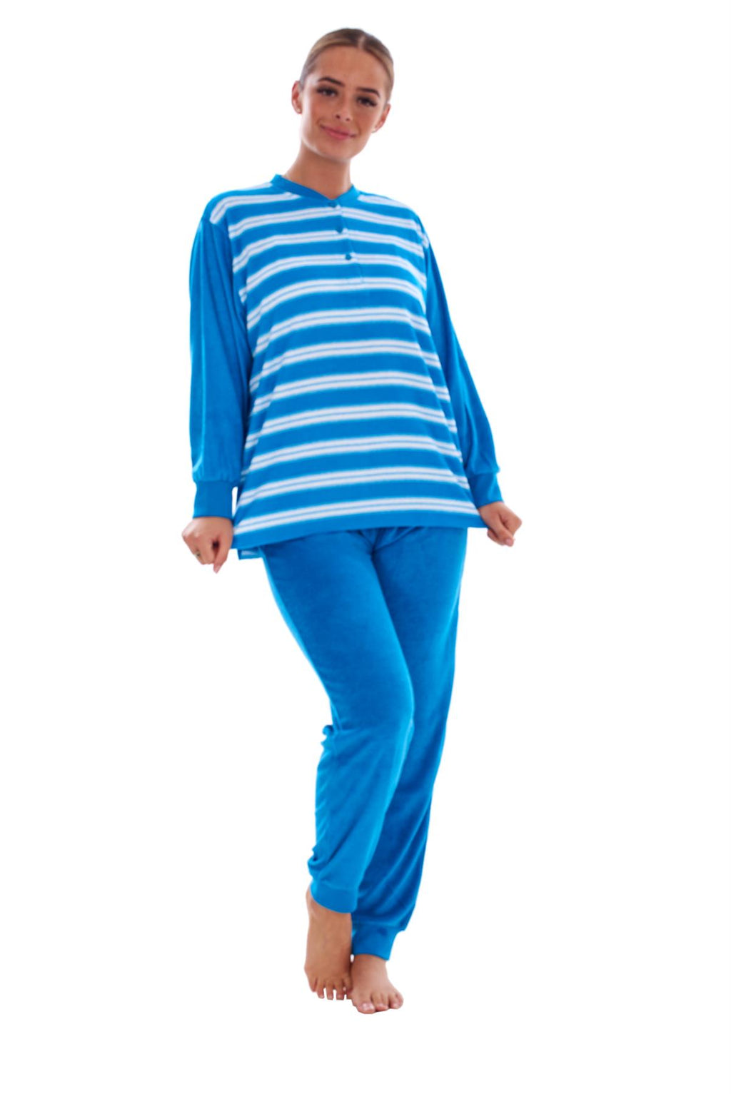 Warm Winter Pyjama Set Striped Long Sleeve Button Ribbed Cuff Soft Sleepwear
