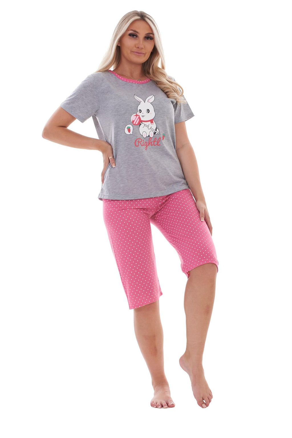 Ladies Cropped Pyjama Set Short Summer Polka Soft Motif Bunny PJs M to XXL