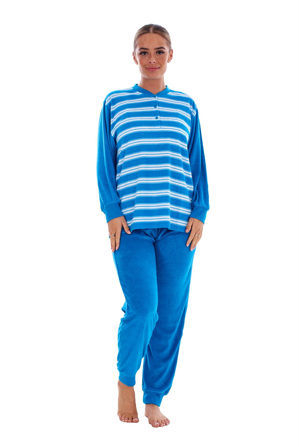Warm Winter Pyjama Set Striped Long Sleeve Button Ribbed Cuff Soft Sleepwear