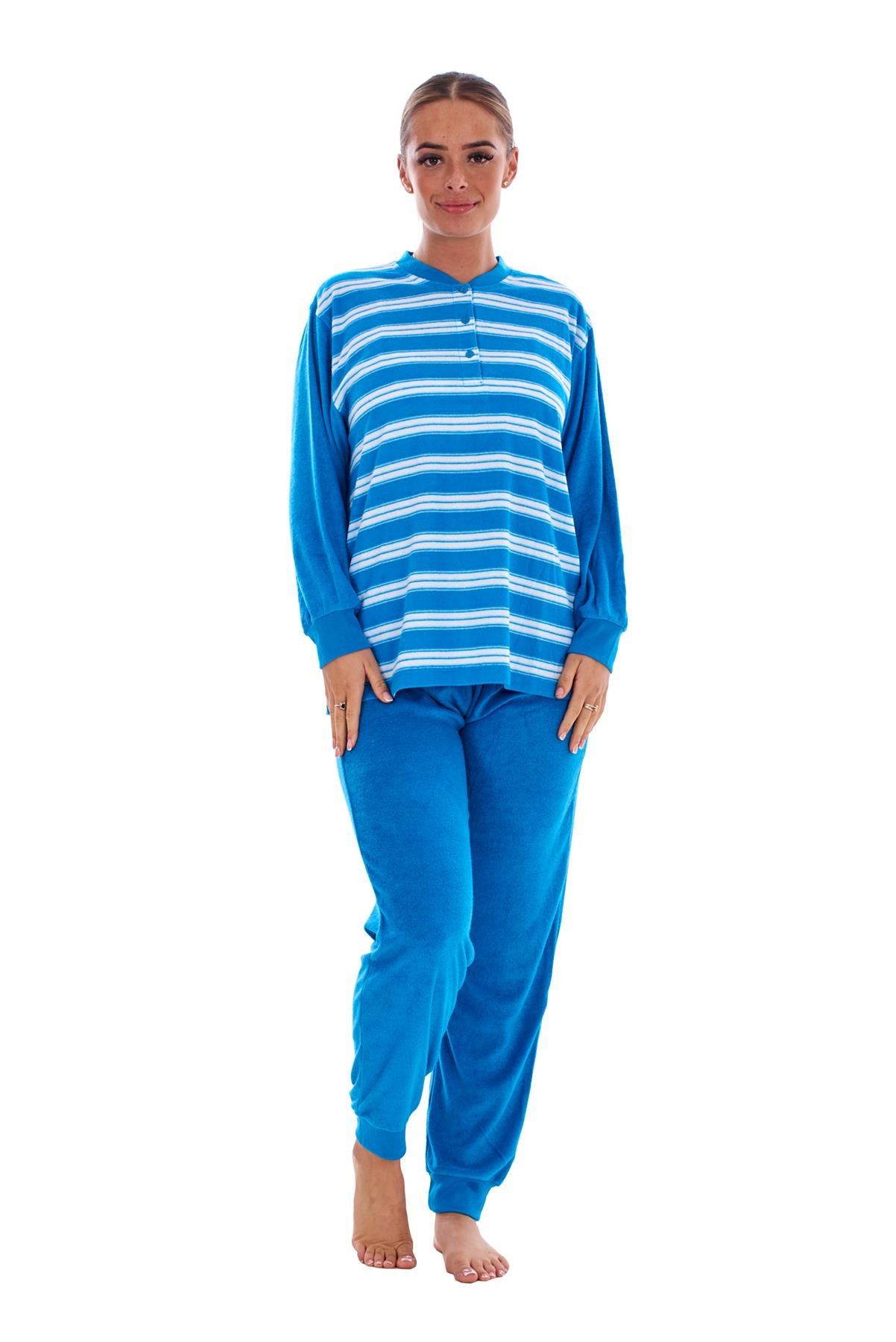 Warm Winter Pyjama Set Striped Long Sleeve Button Ribbed Cuff Soft Sleepwear
