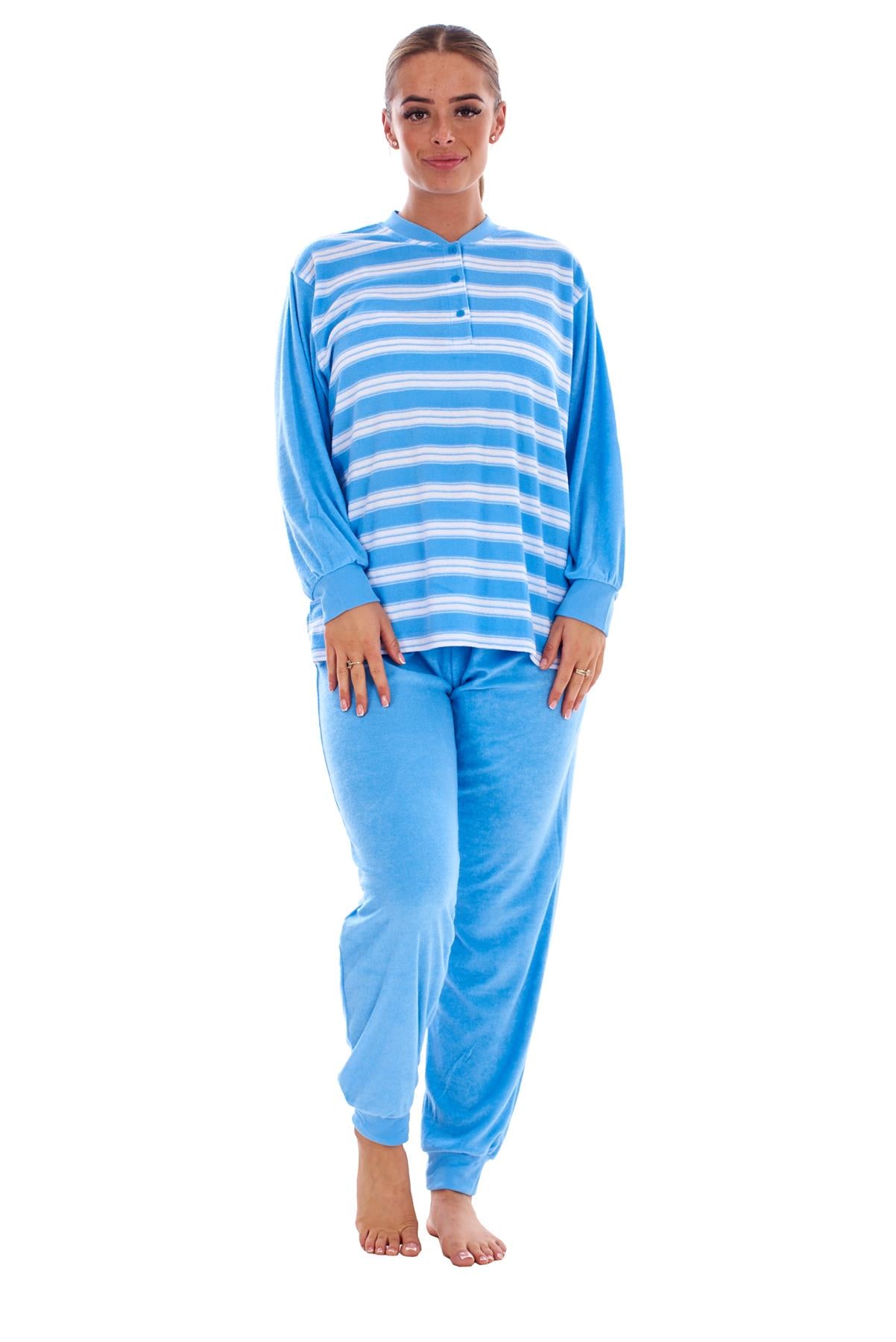 Warm Winter Pyjama Set Striped Long Sleeve Button Ribbed Cuff Soft Sleepwear