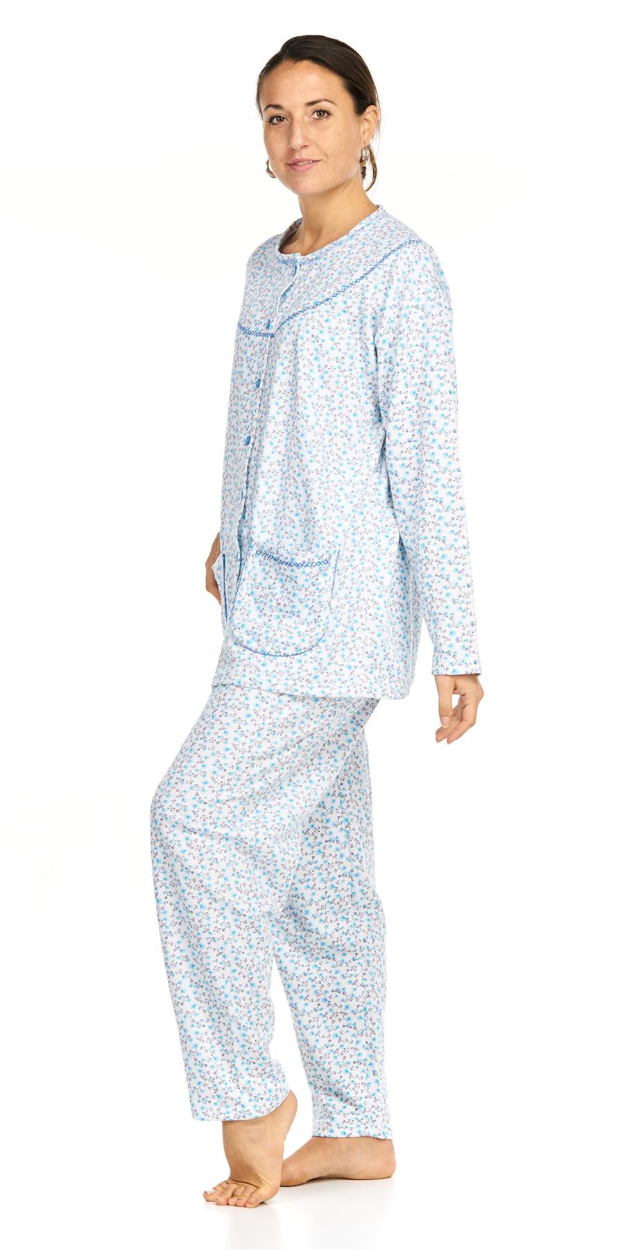 Ladies Pyjama Set Thermal Warm Floral Long Sleeve Buttons Pockets Loungewear