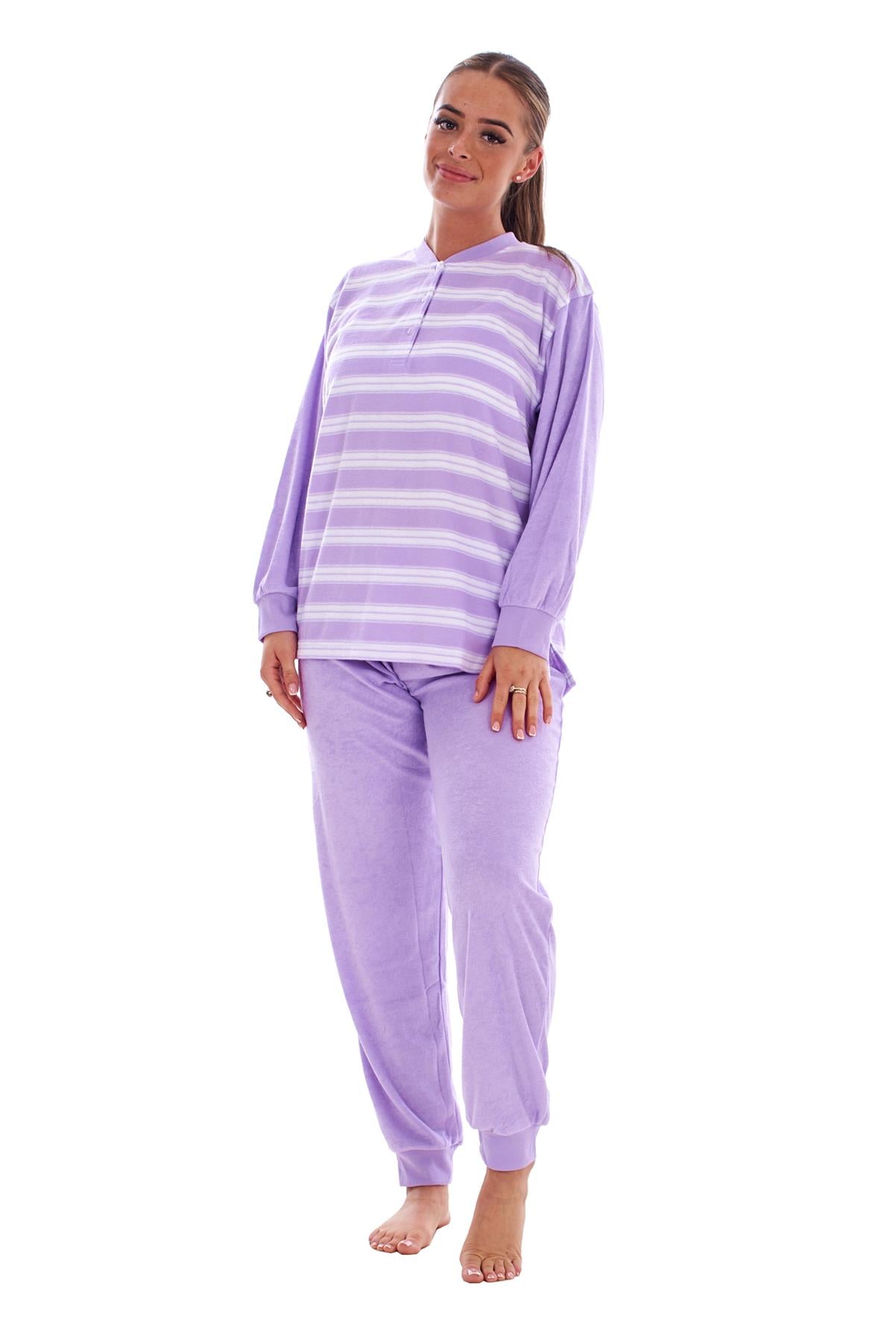 Warm Winter Pyjama Set Striped Long Sleeve Button Ribbed Cuff Soft Sleepwear