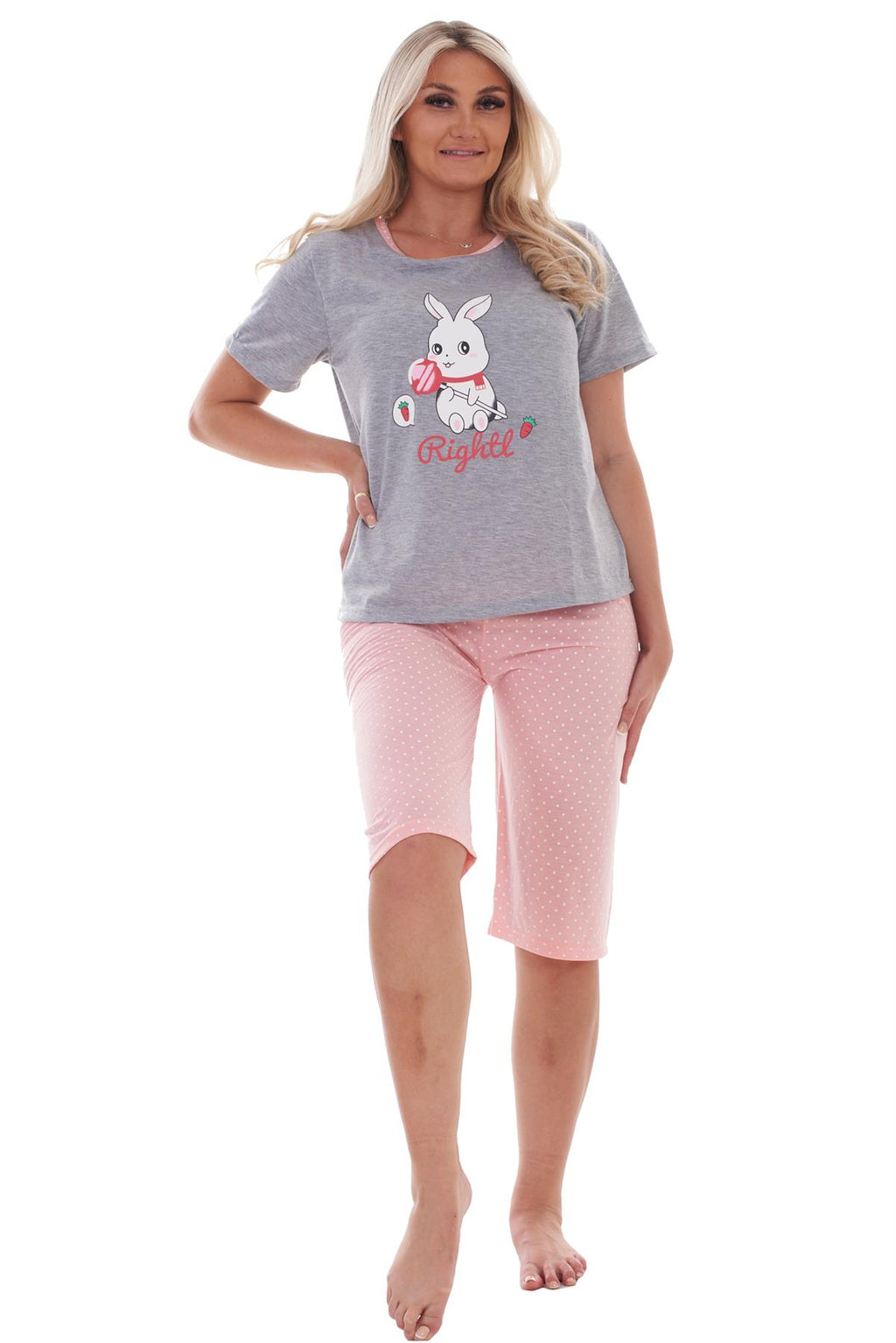 Ladies Cropped Pyjama Set Short Summer Polka Soft Motif Bunny PJs M to XXL