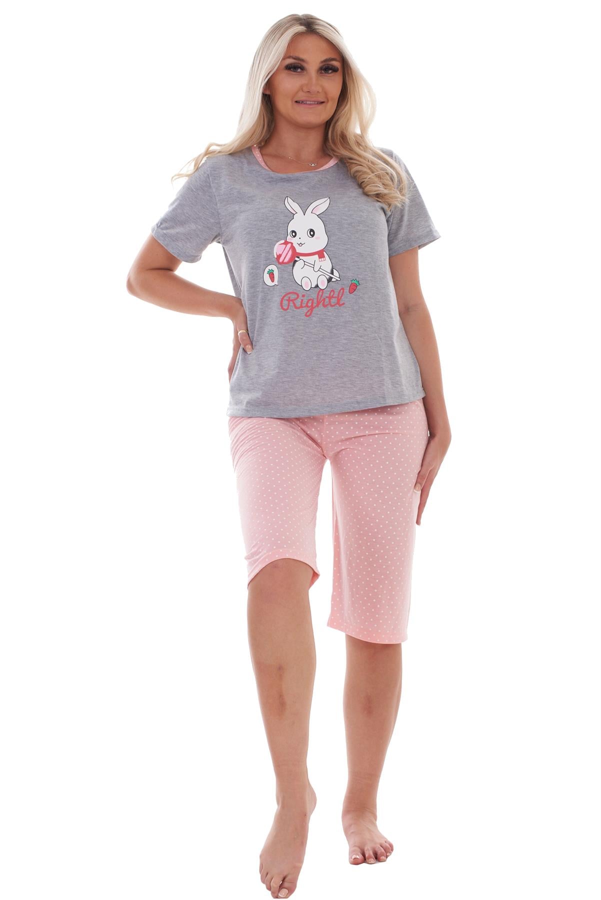 Ladies Cropped Pyjama Set Short Summer Polka Soft Motif Bunny PJs M to XXL