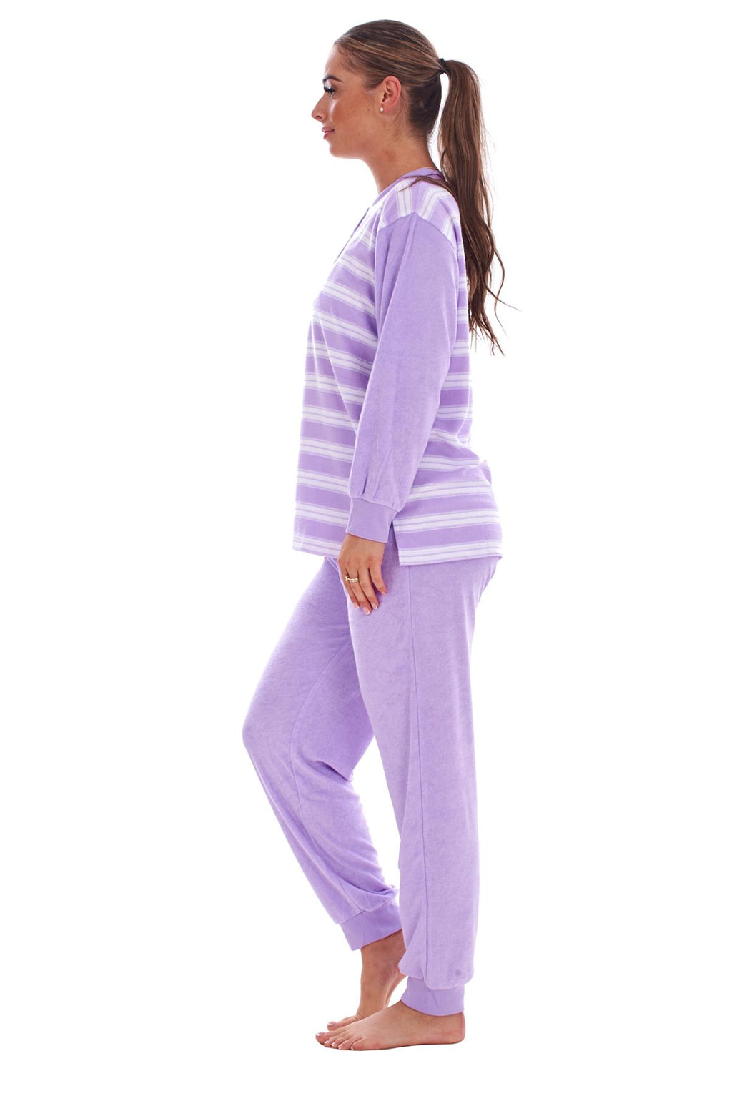 Warm Winter Pyjama Set Striped Long Sleeve Button Ribbed Cuff Soft Sleepwear