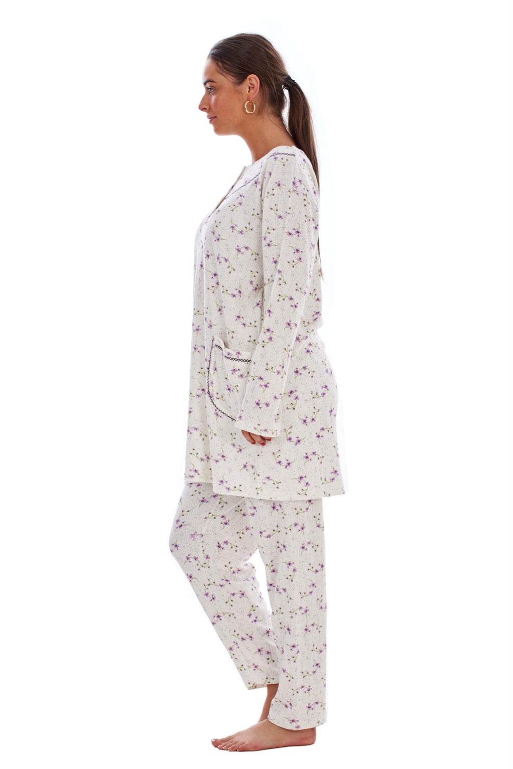 Ladies Winter Pyjama Set Floral Long Sleeve Button Thermal Warm Soft Loungewear