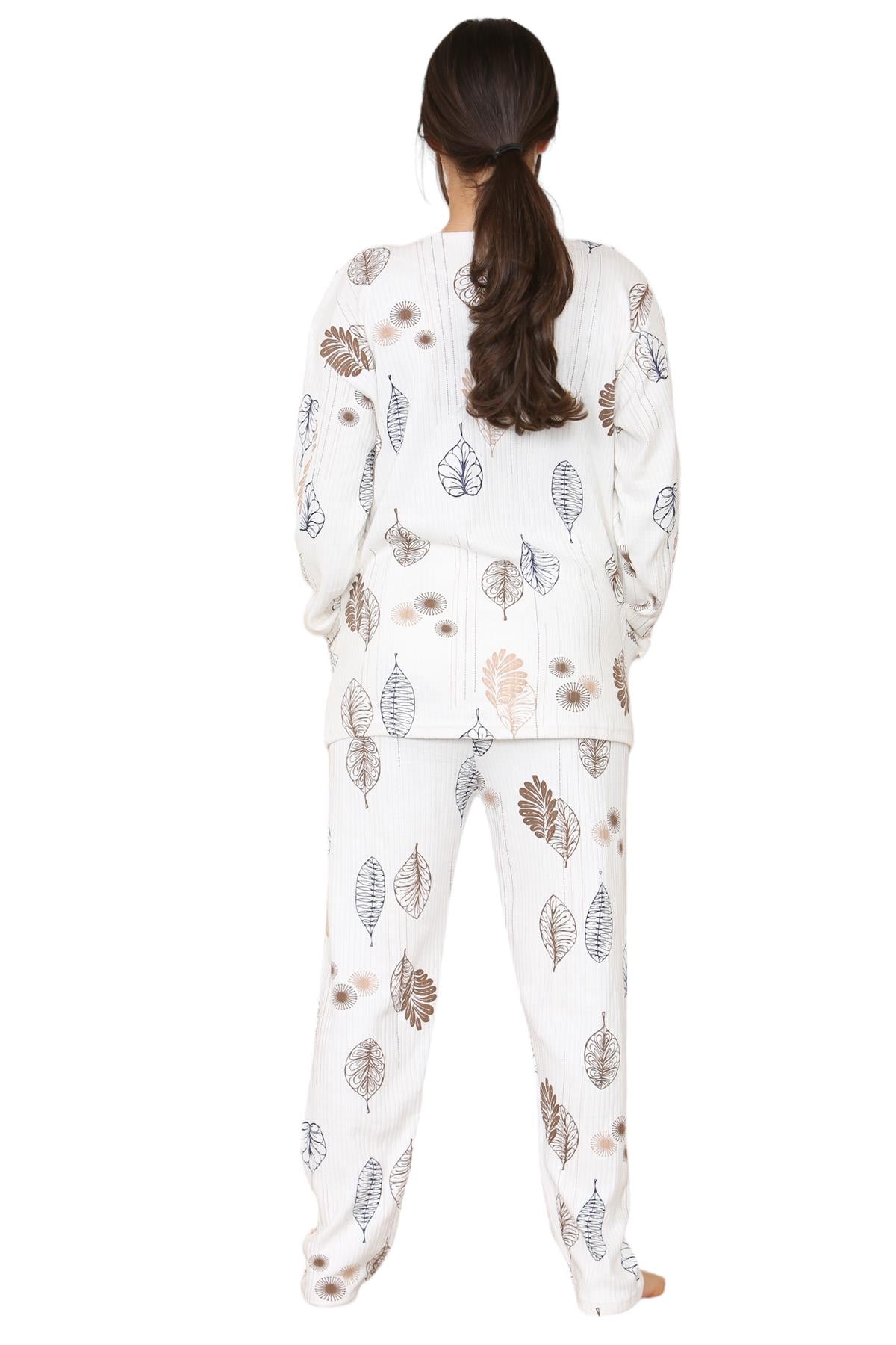 Womens Cotton Pyjamas Set Long Sleeve Leaf Print Thermal Loungewear Nightwear UK
