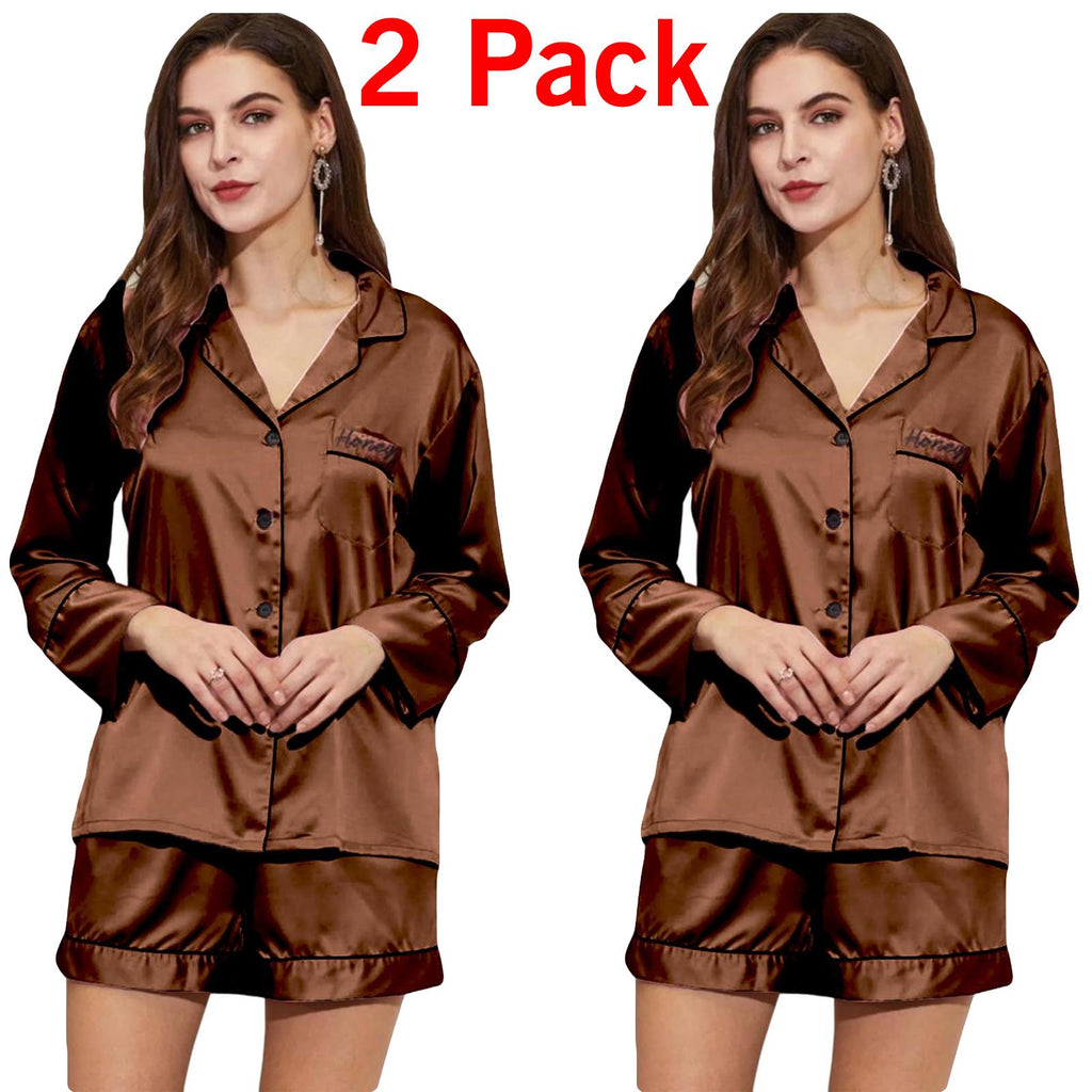 2 Pack Womens Satin Pyjamas Nightwear PJs Set Ladies Silk Long Sleeve Sleepwear