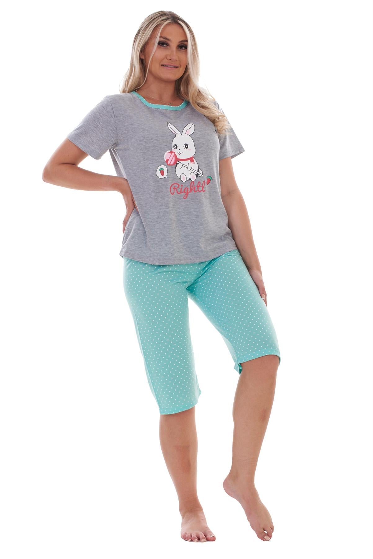 Ladies Cropped Pyjama Set Short Summer Polka Soft Motif Bunny PJs M to XXL