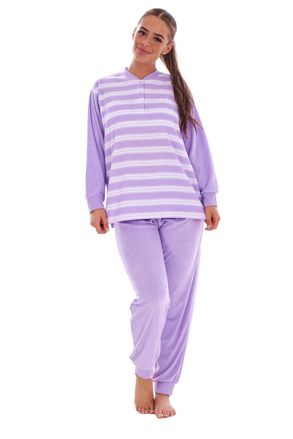 Warm Winter Pyjama Set Striped Long Sleeve Button Ribbed Cuff Soft Sleepwear