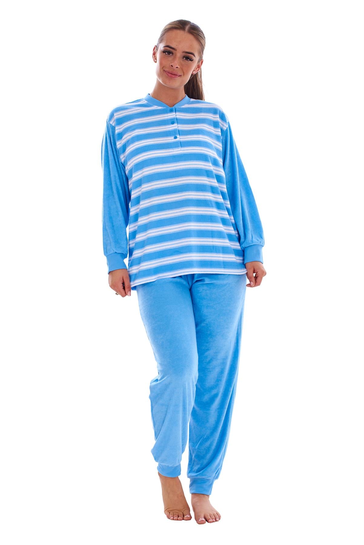 Warm Winter Pyjama Set Striped Long Sleeve Button Ribbed Cuff Soft Sleepwear