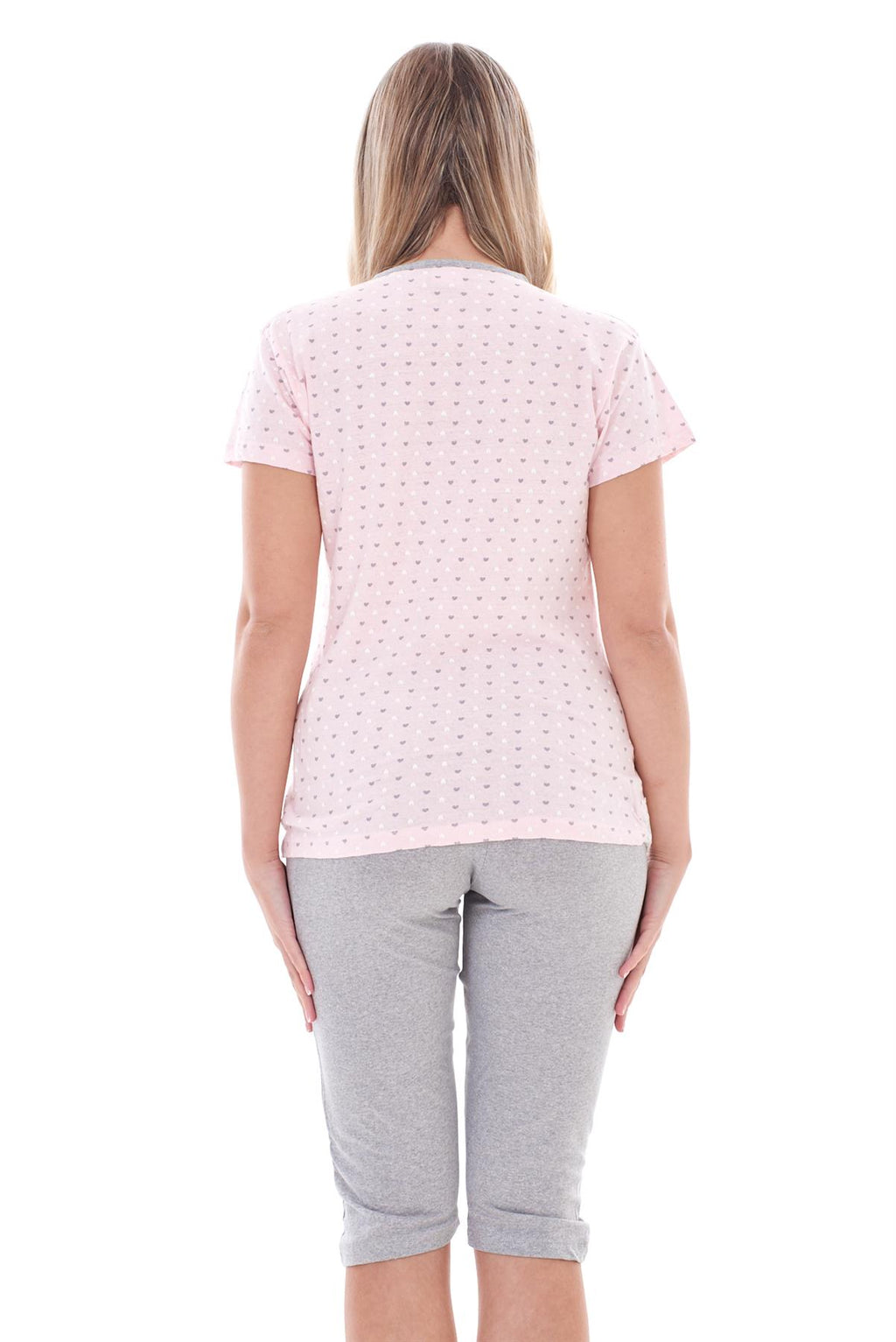 Ladies Capri Pyjama Set 2 Piece Heart Pocket Lace Buttons Bow Cropped Nightwear