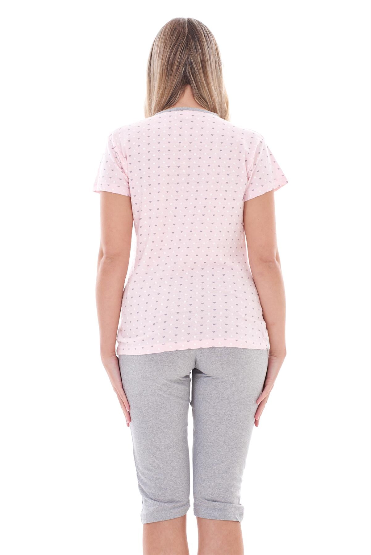 Ladies Capri Pyjama Set 2 Piece Heart Pocket Lace Buttons Bow Cropped Nightwear