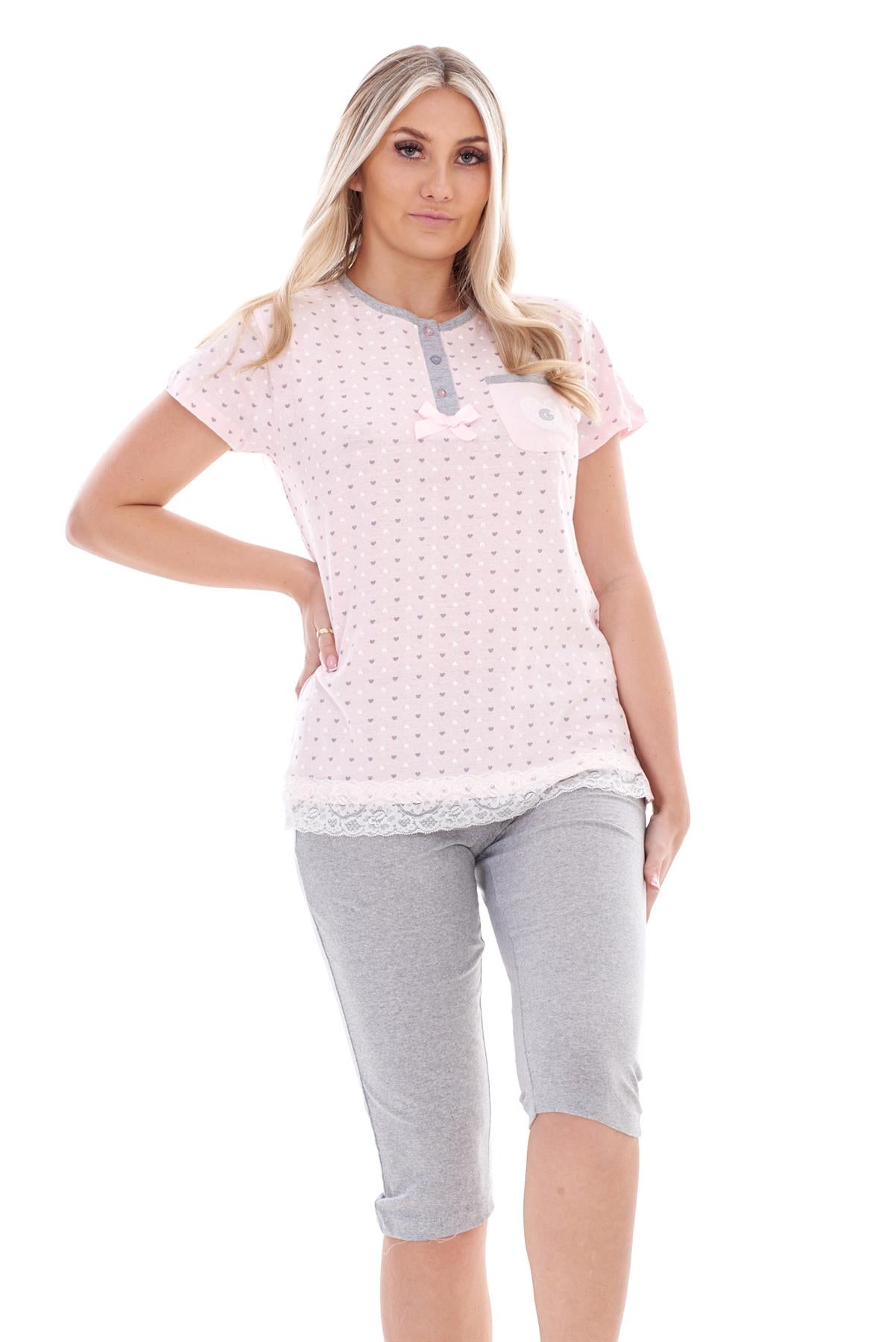 Ladies Capri Pyjama Set 2 Piece Heart Pocket Lace Buttons Bow Cropped Nightwear