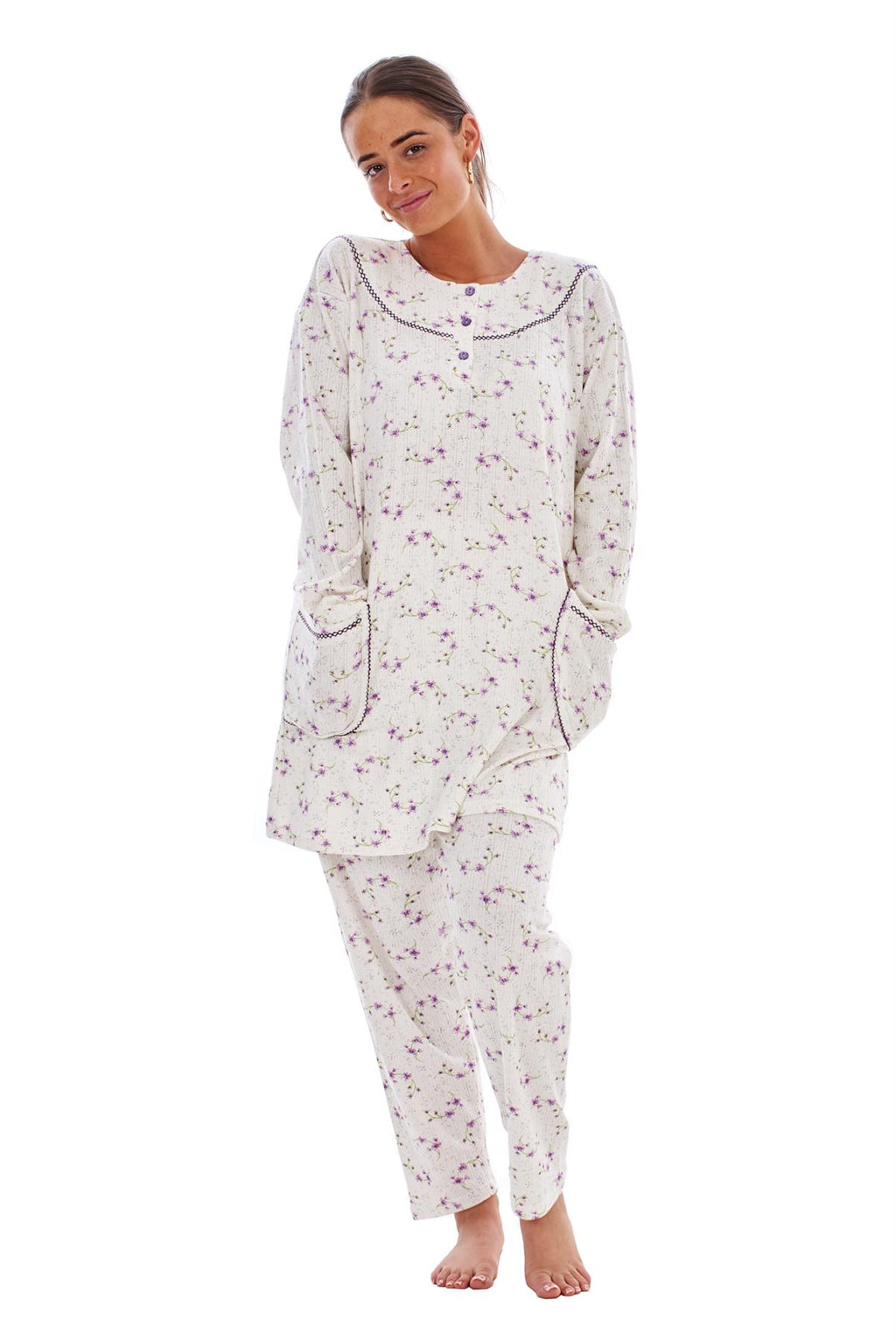 Ladies Winter Pyjama Set Floral Long Sleeve Button Thermal Warm Soft Loungewear
