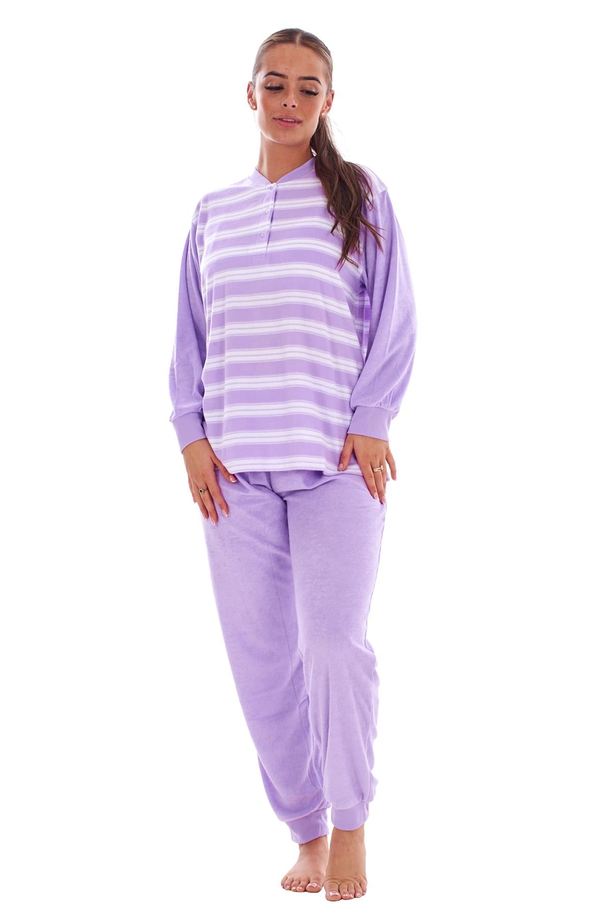 Warm Winter Pyjama Set Striped Long Sleeve Button Ribbed Cuff Soft Sleepwear
