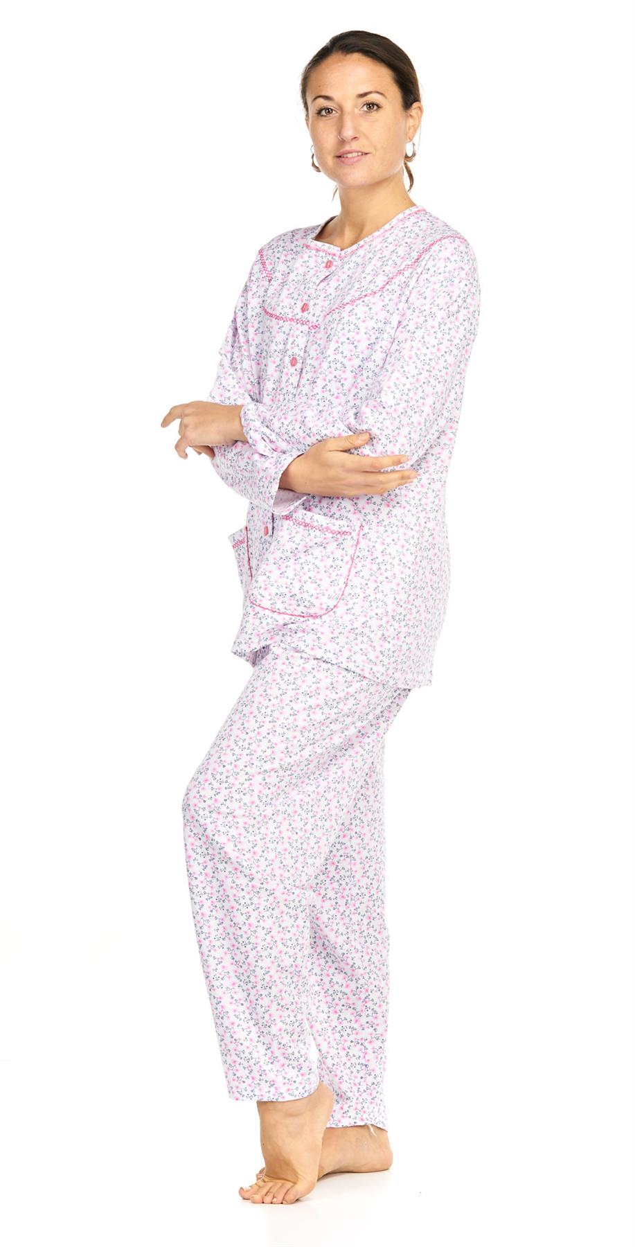 Ladies Pyjama Set Thermal Warm Floral Long Sleeve Buttons Pockets Loungewear