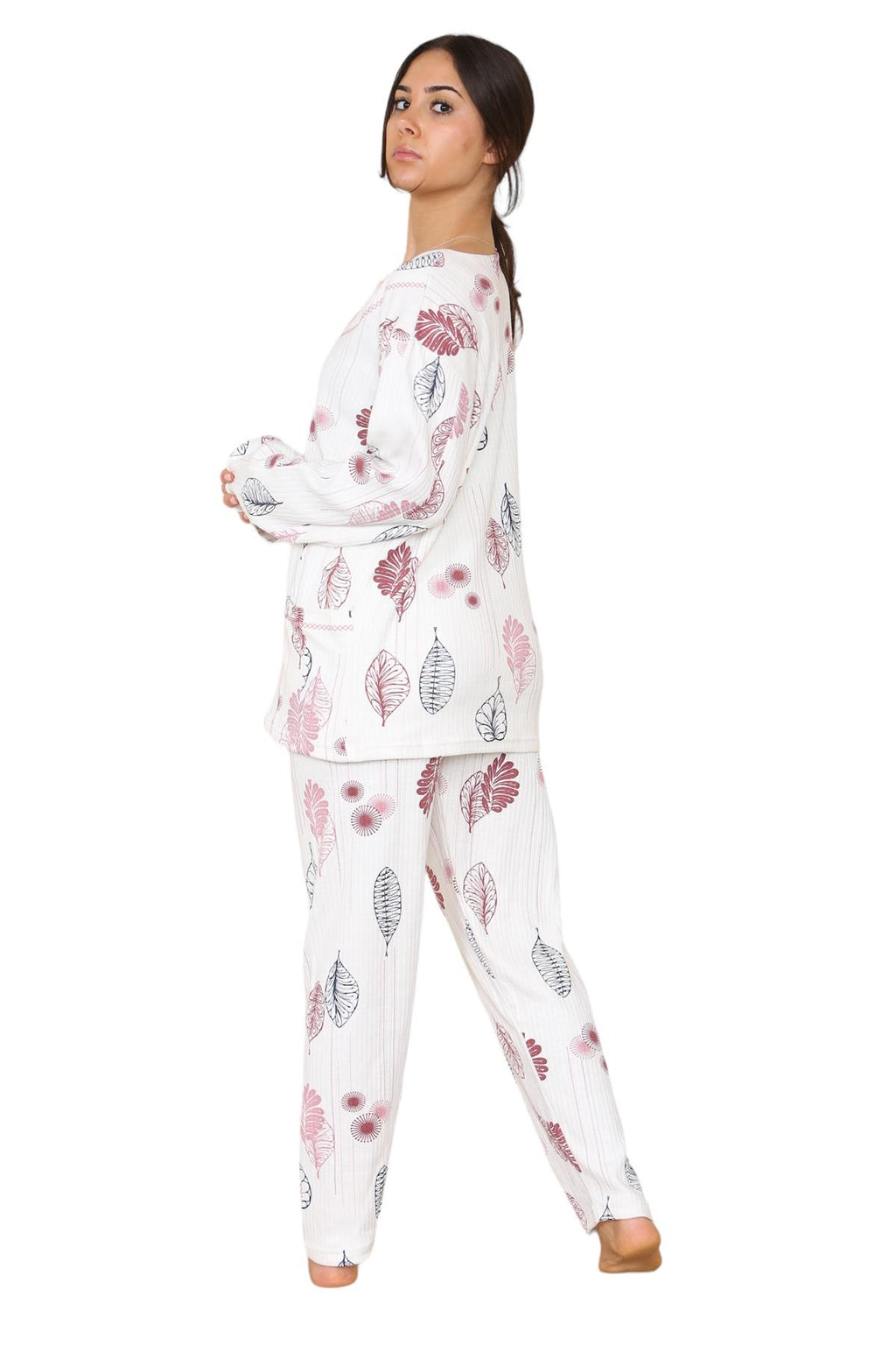 Womens Cotton Pyjamas Set Long Sleeve Leaf Print Thermal Loungewear Nightwear UK