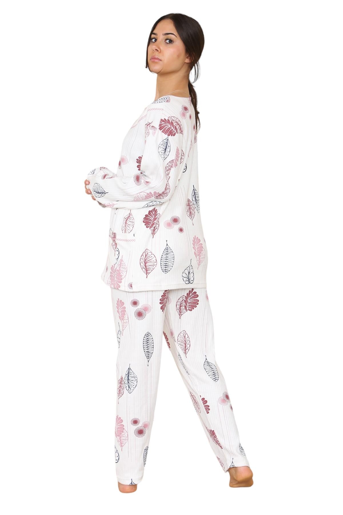 Womens Cotton Pyjamas Set Long Sleeve Leaf Print Thermal Loungewear Nightwear UK