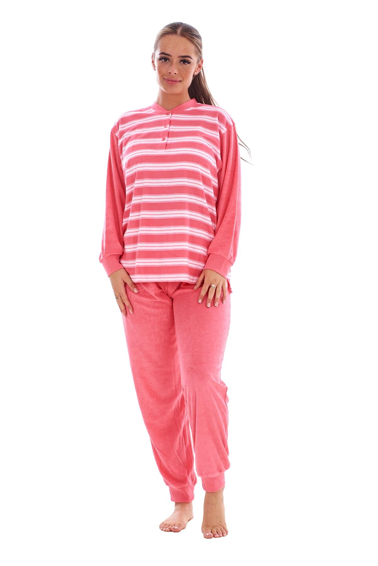 Warm Winter Pyjama Set Striped Long Sleeve Button Ribbed Cuff Soft Sleepwear