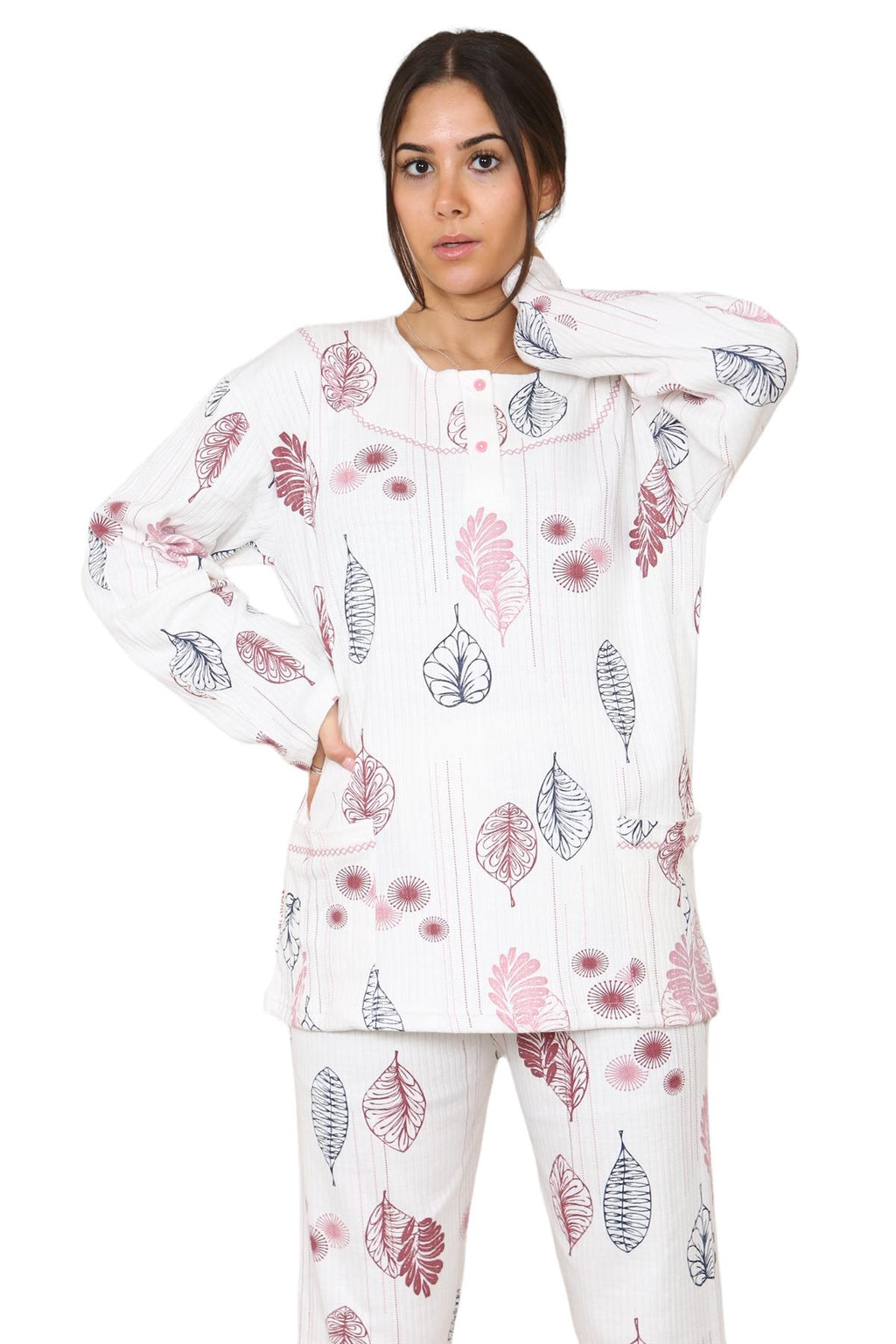 Womens Cotton Pyjamas Set Long Sleeve Leaf Print Thermal Loungewear Nightwear UK