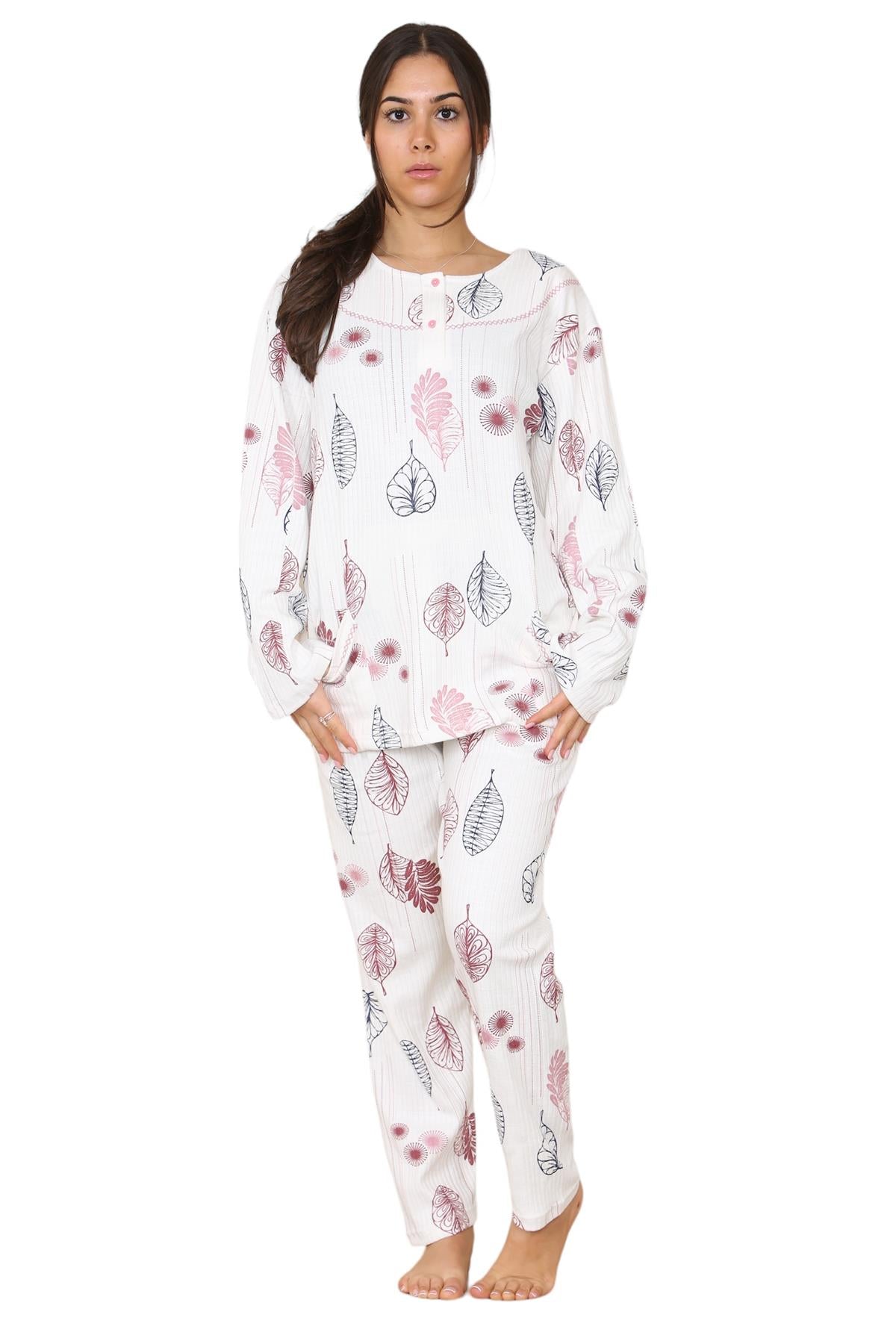 Womens Cotton Pyjamas Set Long Sleeve Leaf Print Thermal Loungewear Nightwear UK