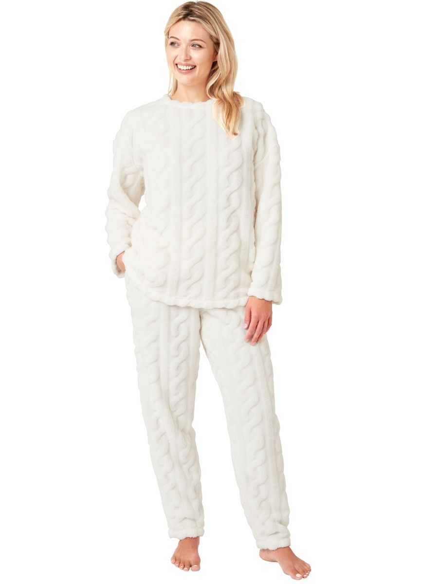 Fleece Pyjama Set Super Soft Cable Knit PJs Long Sleeve Pocket Lounge Nightwear