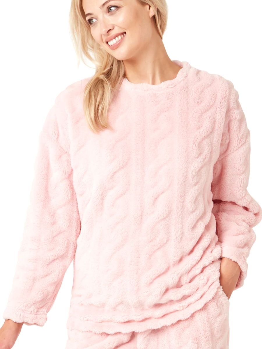Fleece Pyjama Set Super Soft Cable Knit PJs Long Sleeve Pocket Lounge Nightwear