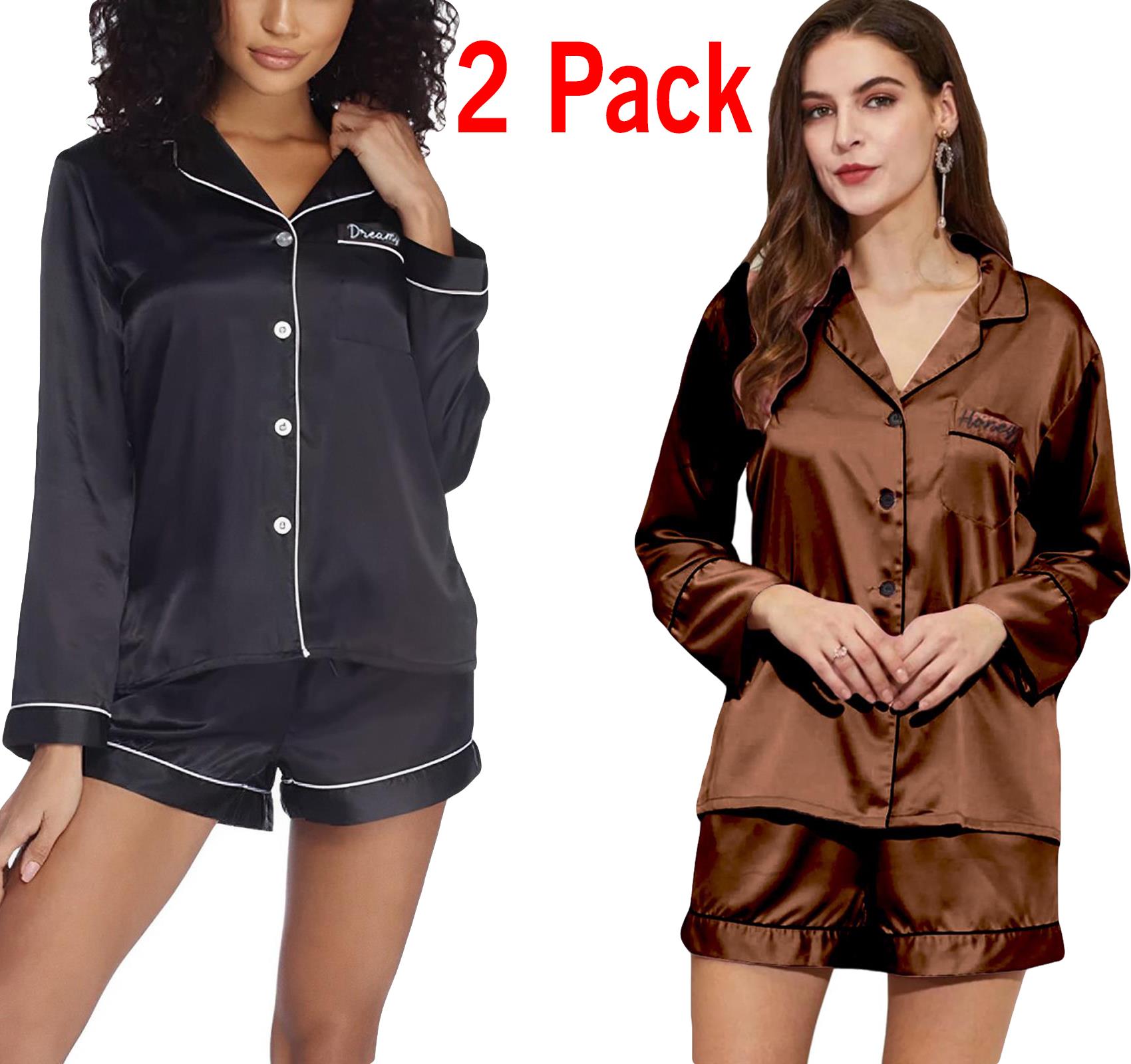 2 Pack Womens Satin Pyjamas Nightwear PJs Set Ladies Silk Long Sleeve Sleepwear
