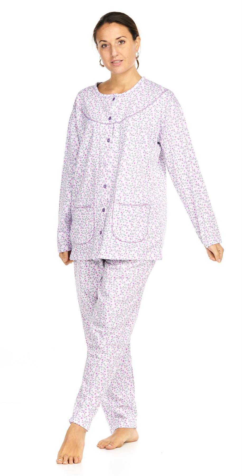 Ladies Pyjama Set Thermal Warm Floral Long Sleeve Buttons Pockets Loungewear