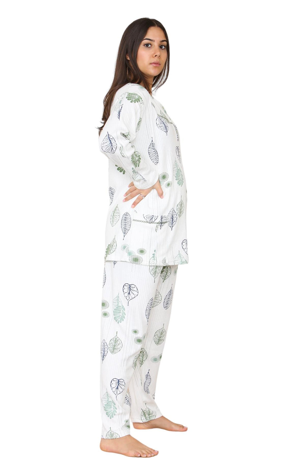Womens Cotton Pyjamas Set Long Sleeve Leaf Print Thermal Loungewear Nightwear UK