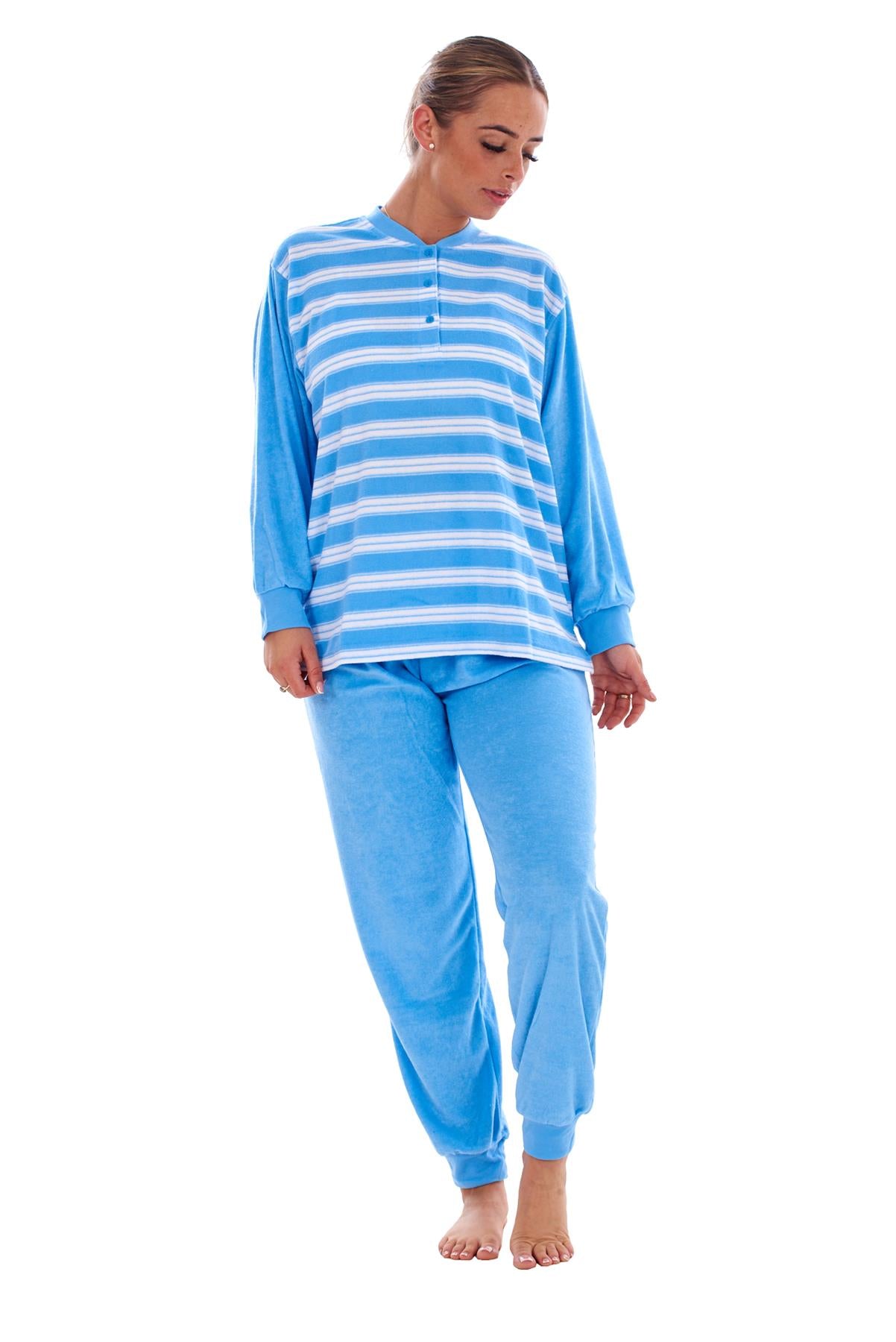 Warm Winter Pyjama Set Striped Long Sleeve Button Ribbed Cuff Soft Sleepwear