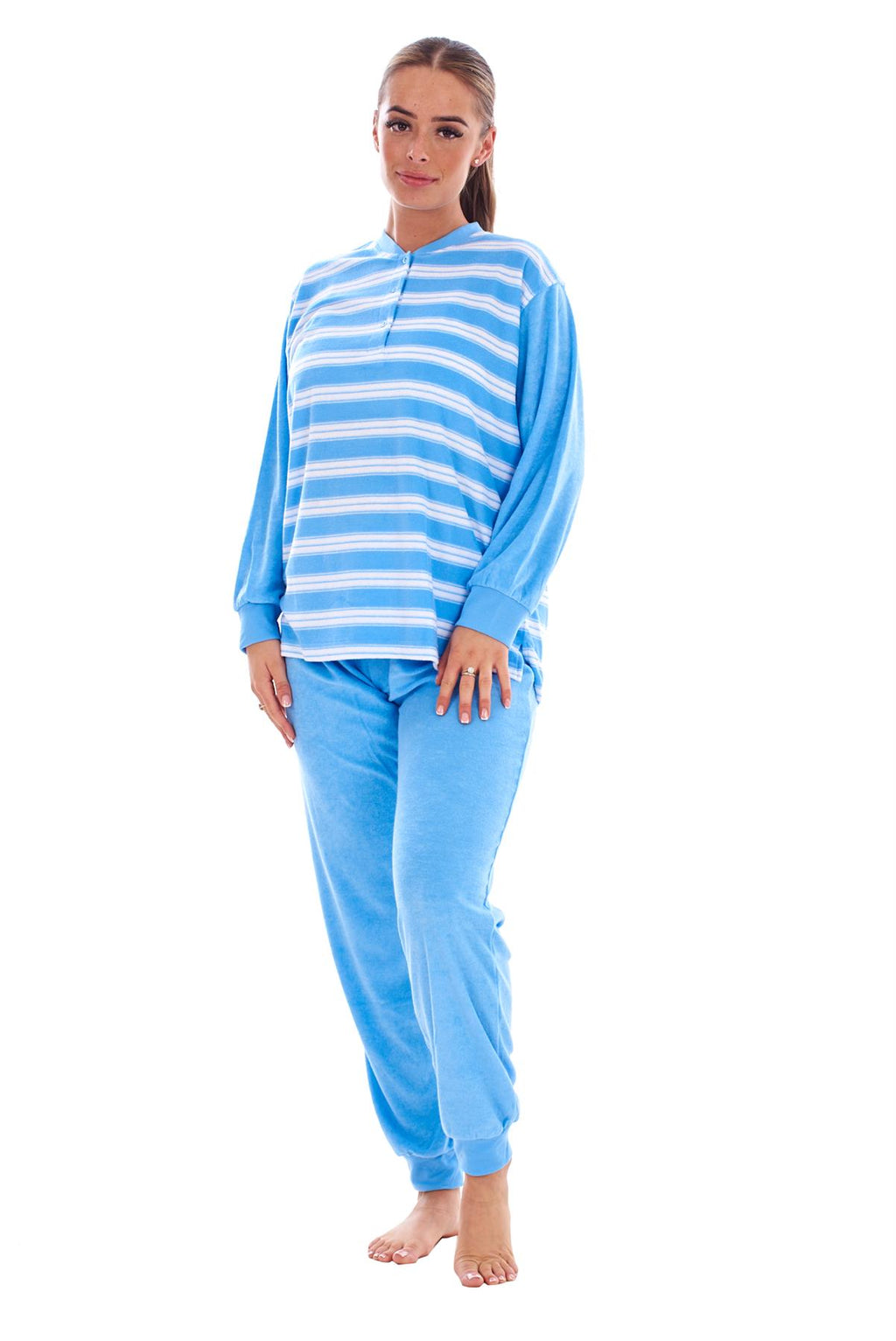 Warm Winter Pyjama Set Striped Long Sleeve Button Ribbed Cuff Soft Sleepwear