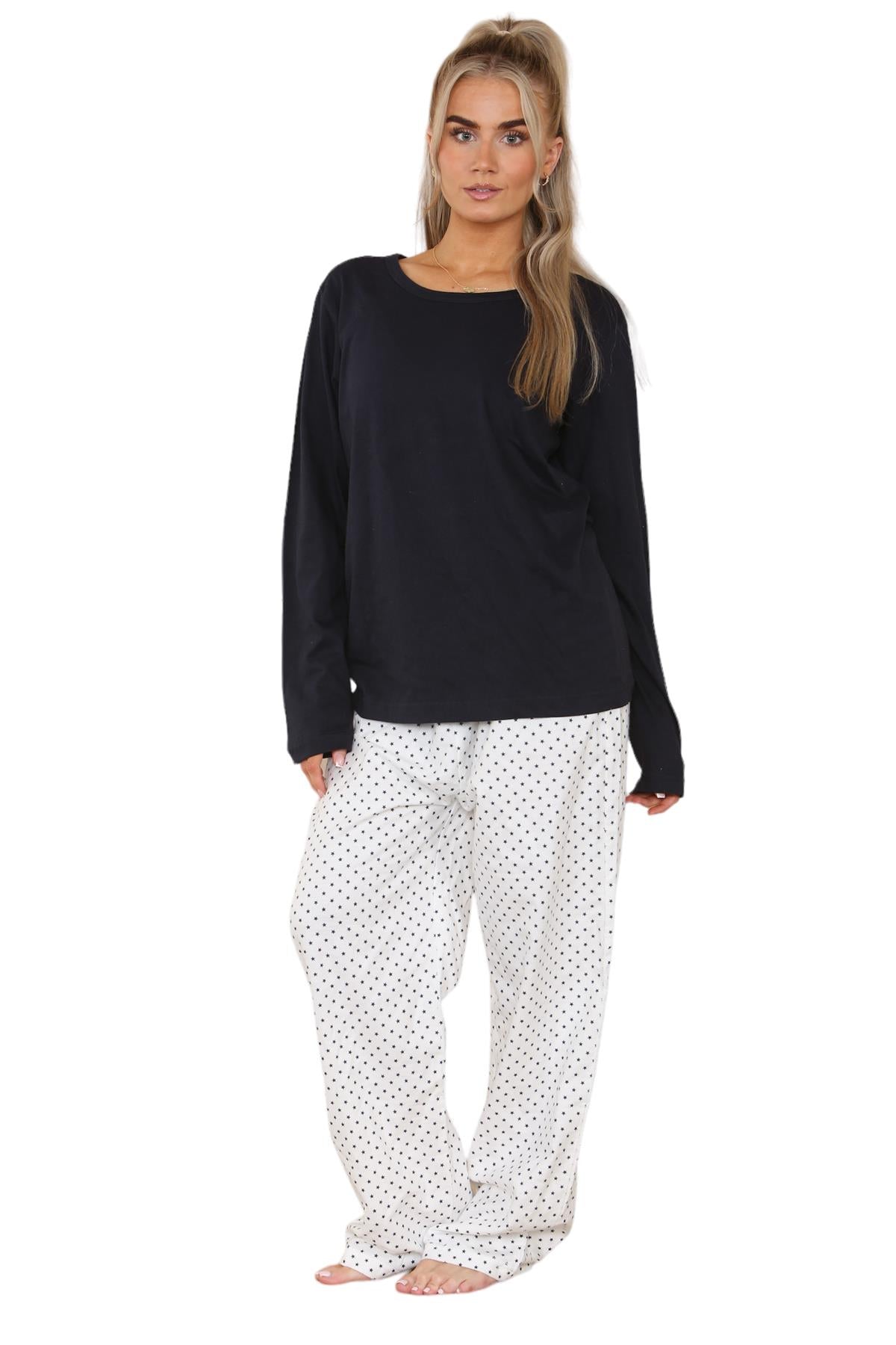 Ladies Pyjama Set Flannel Cotton Star Long Sleeve Crew Neck Winter Loungewear