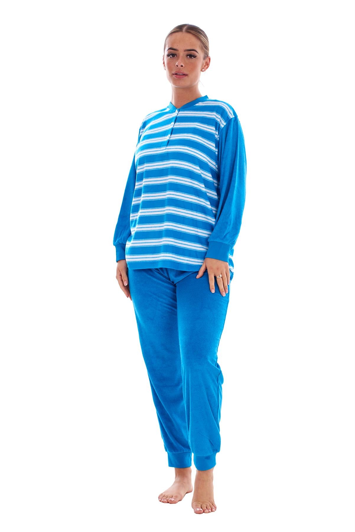 Warm Winter Pyjama Set Striped Long Sleeve Button Ribbed Cuff Soft Sleepwear